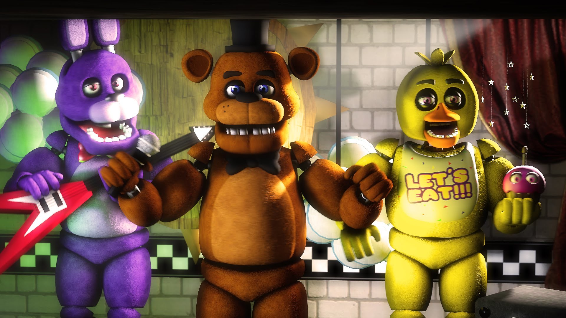 Five Nights at Freddy's animatronic characters Bonnie, Freddy Fazbear, and Chica performing on stage