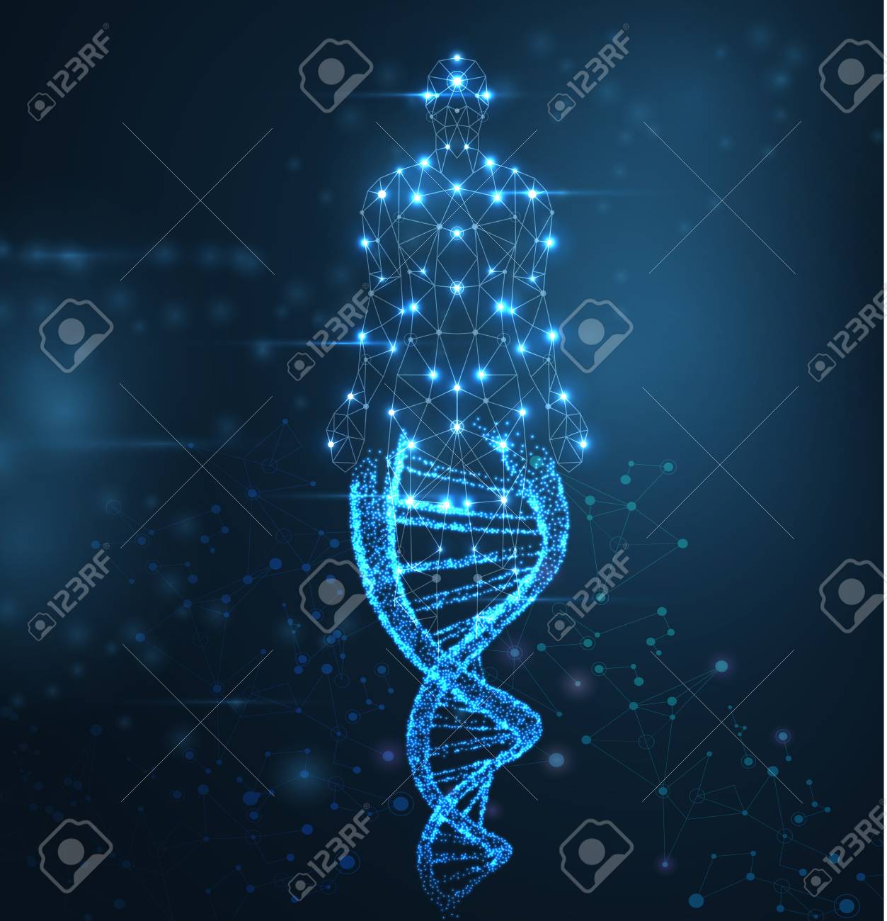 Blue Abstract Background With Luminous DNA Molecule Neon Helix