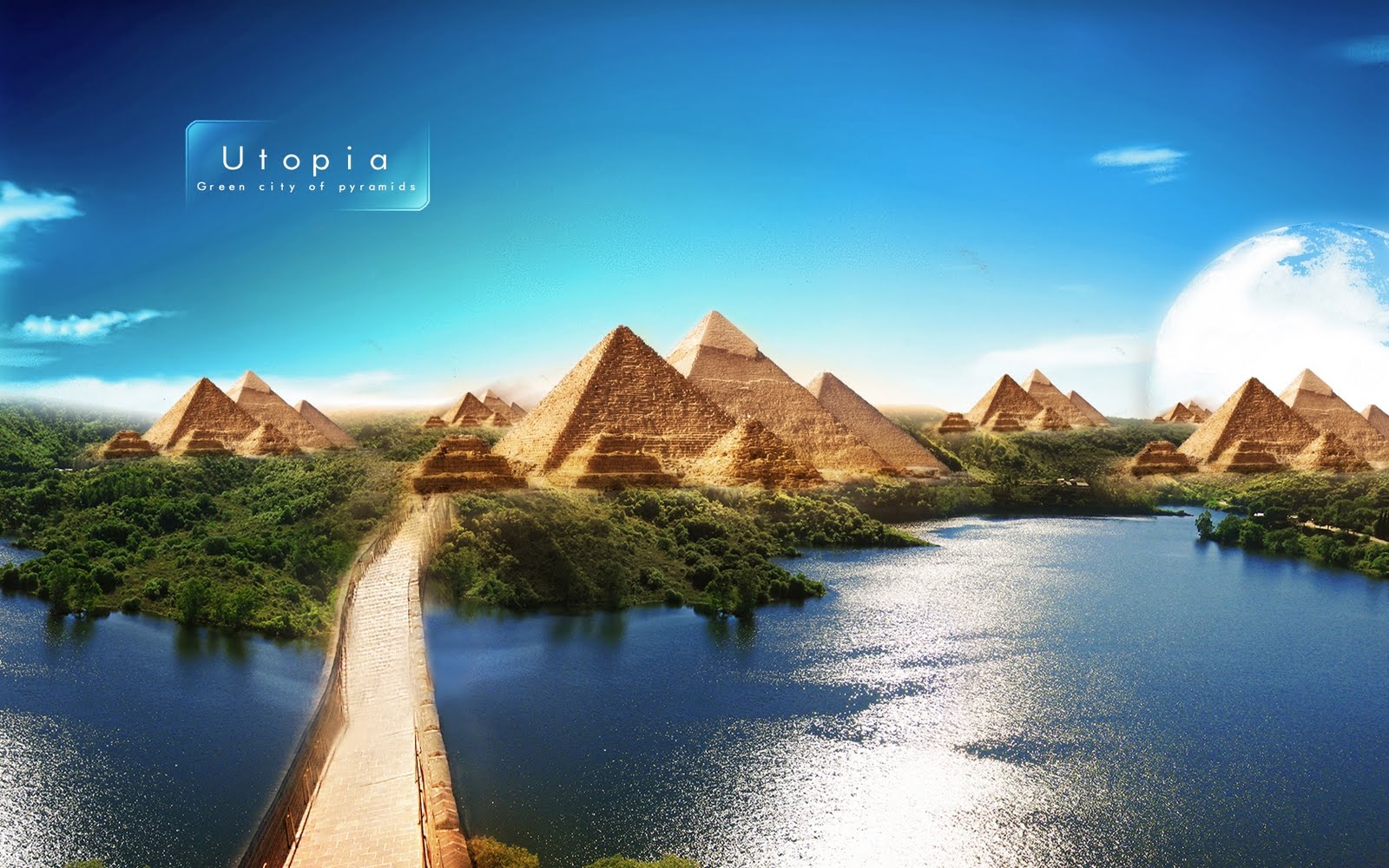 A utopian city with pyramids surrounded by lush greenery and water bodies under a bright blue sky. A pathway leads towards this futuristic cityscape