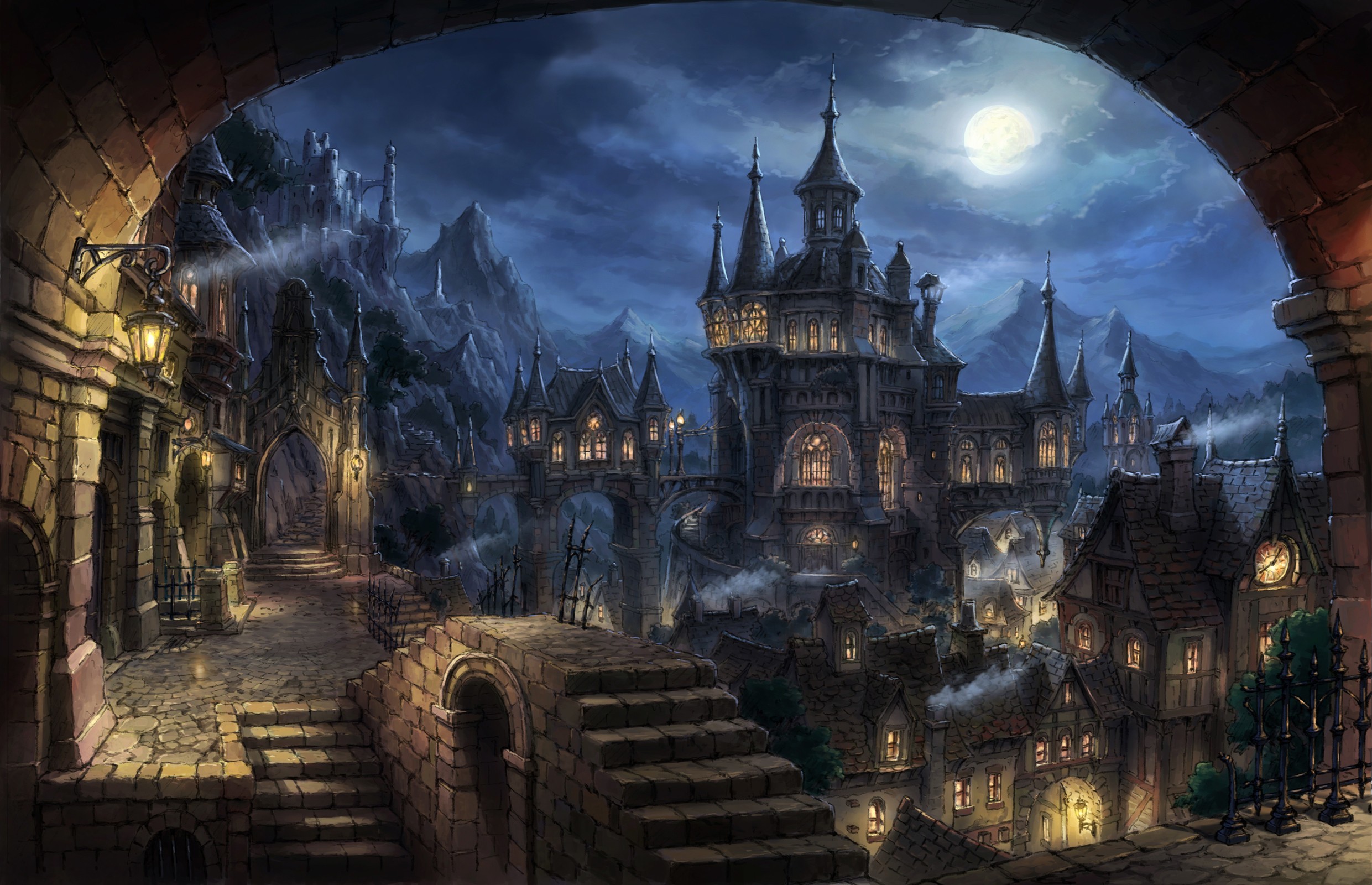 A majestic castle under the full moon, overlooking a medieval town with cobblestone streets and glowing lights, in a castle wallpaper setting