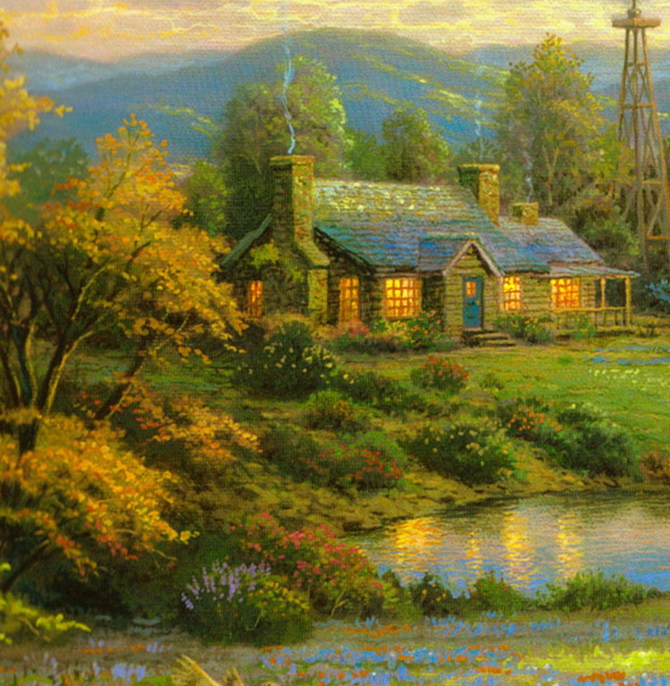Country Home Lake Painting HD Wallpaper