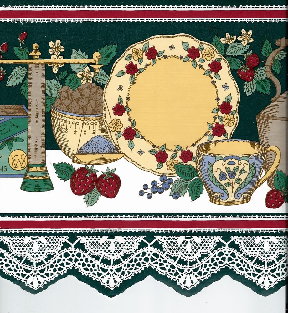 Country Tea Berries On Lace Sculptured Wallpaper Border