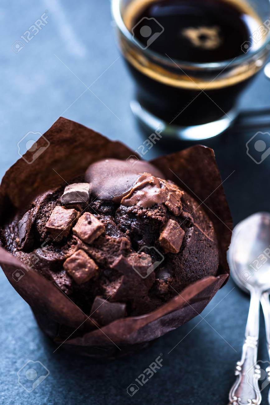 Chocolate Muffin With Expresso Coffee On Dark Slate Background