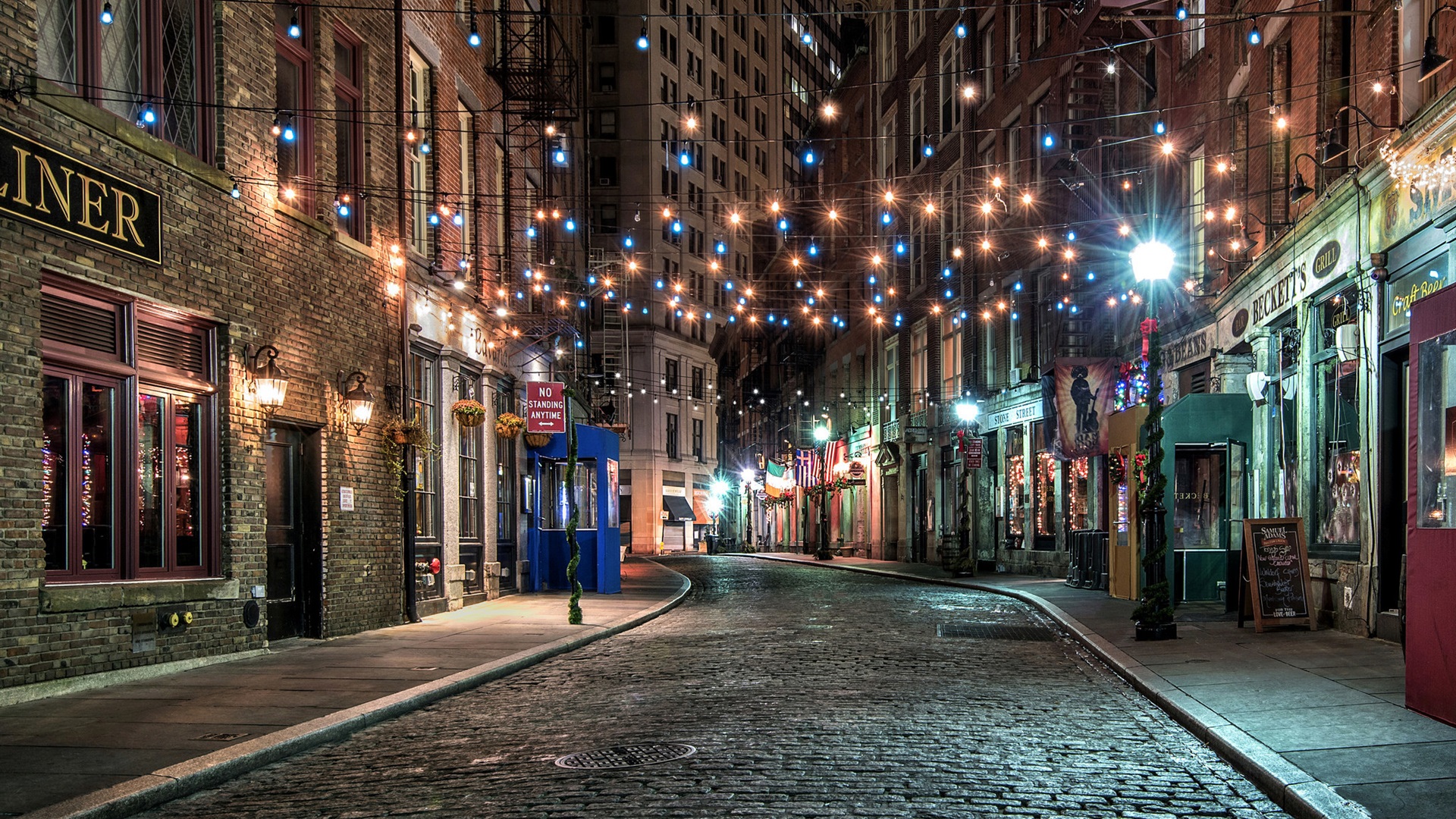 Wallpaper New York Old Town Street Colorful Lights Night Usa