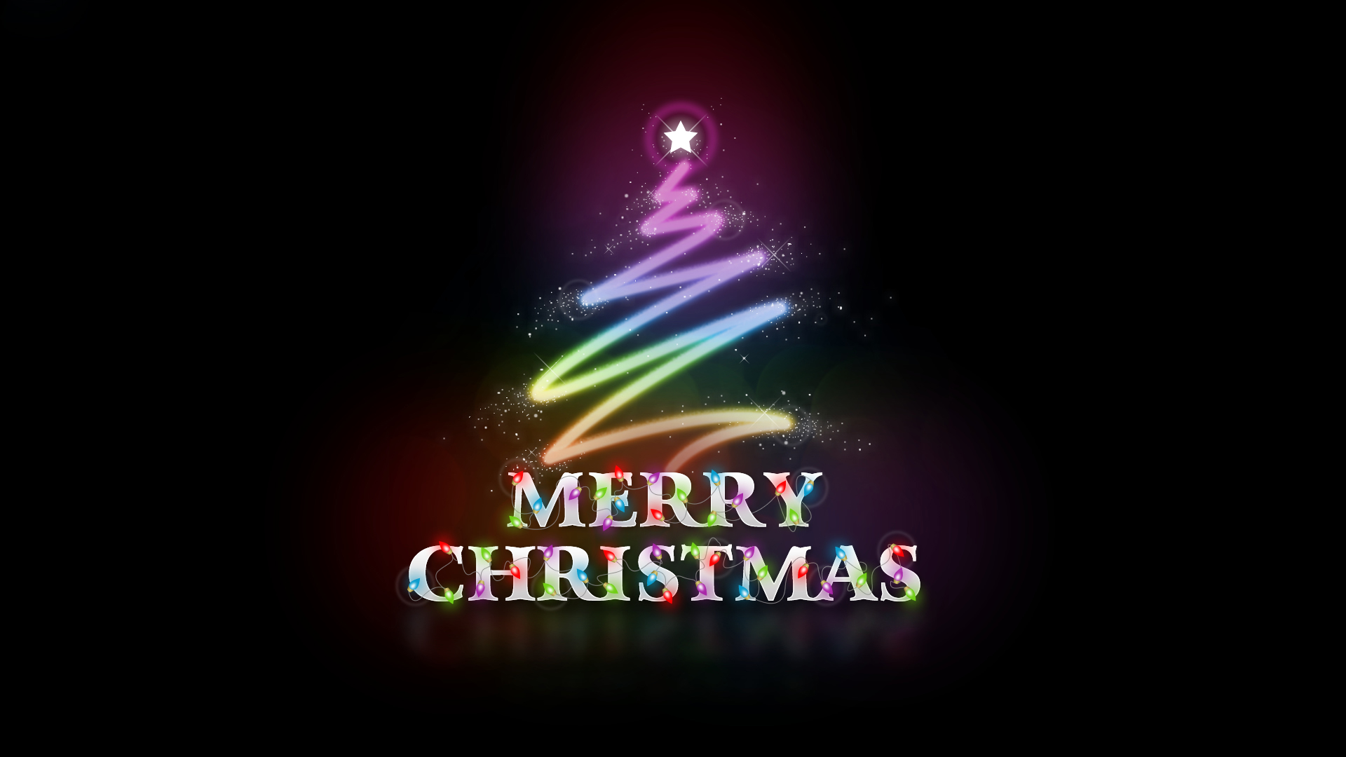 A stylized Christmas tree made of colorful light trails against a dark background with the words 'Merry Christmas' below