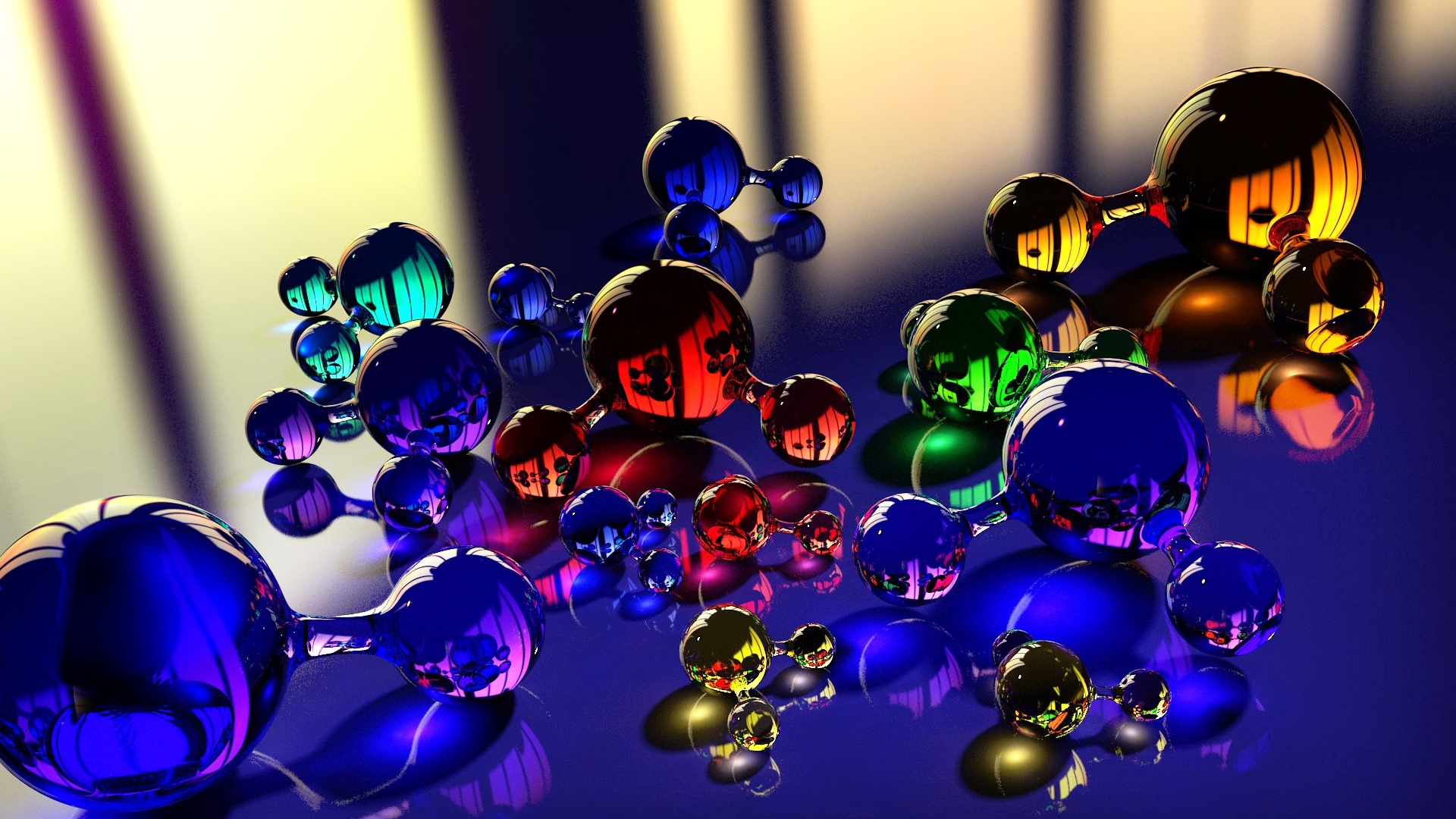 3D Render of Colorful Interconnected Spheres on a Reflective Surface