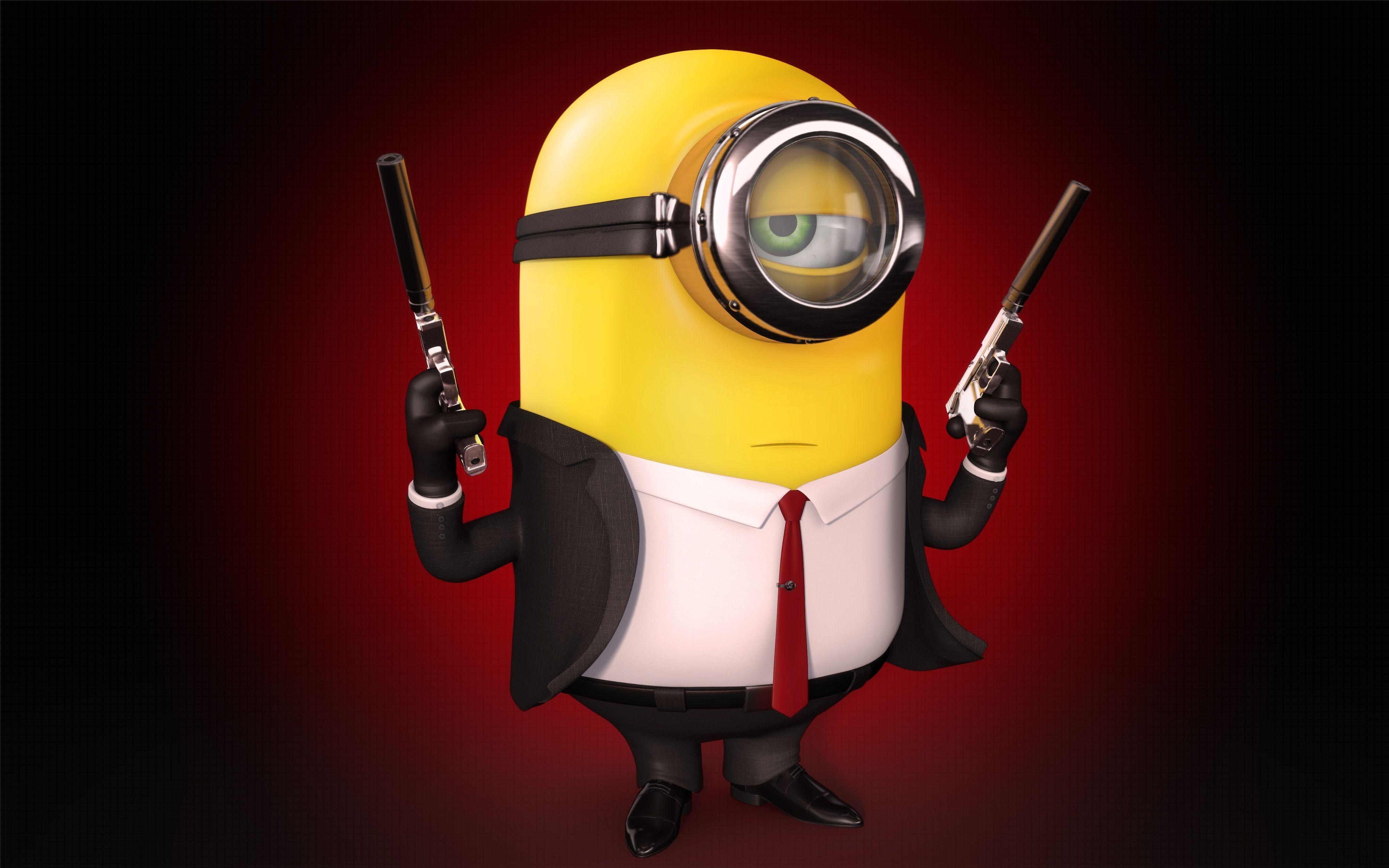 A cool 4k wallpaper featuring a Minion dressed as a hitman, dual-wielding pistols