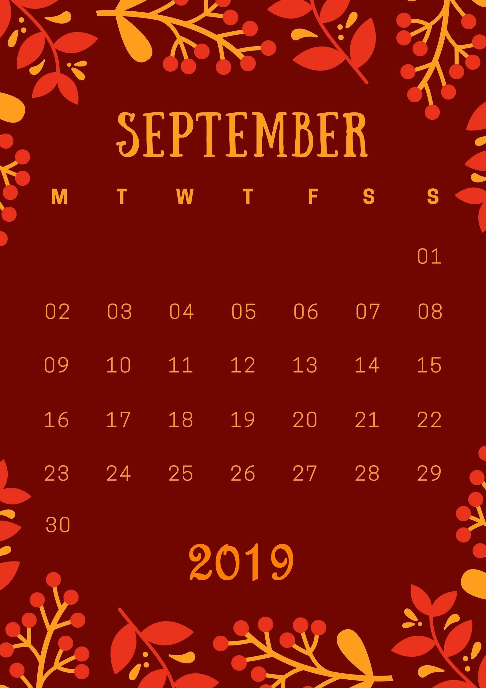 September iPhone Wallpaper Calendar 2019september