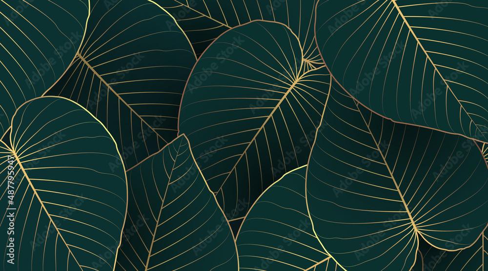 Luxury Nature Leaf Background Design With Golden Line Arts On Dark