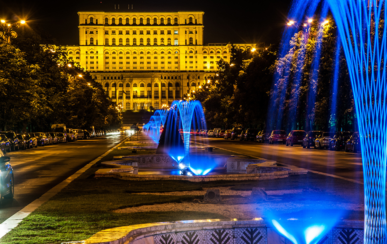 Image Romania Fountains Bucharest Night Time Cities Houses