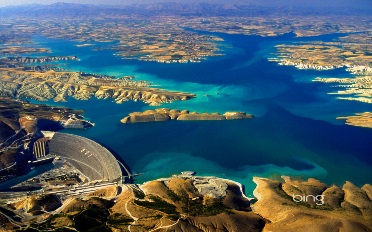 Aerial Of The Atat Rk Dam On Euphrates River Turkey