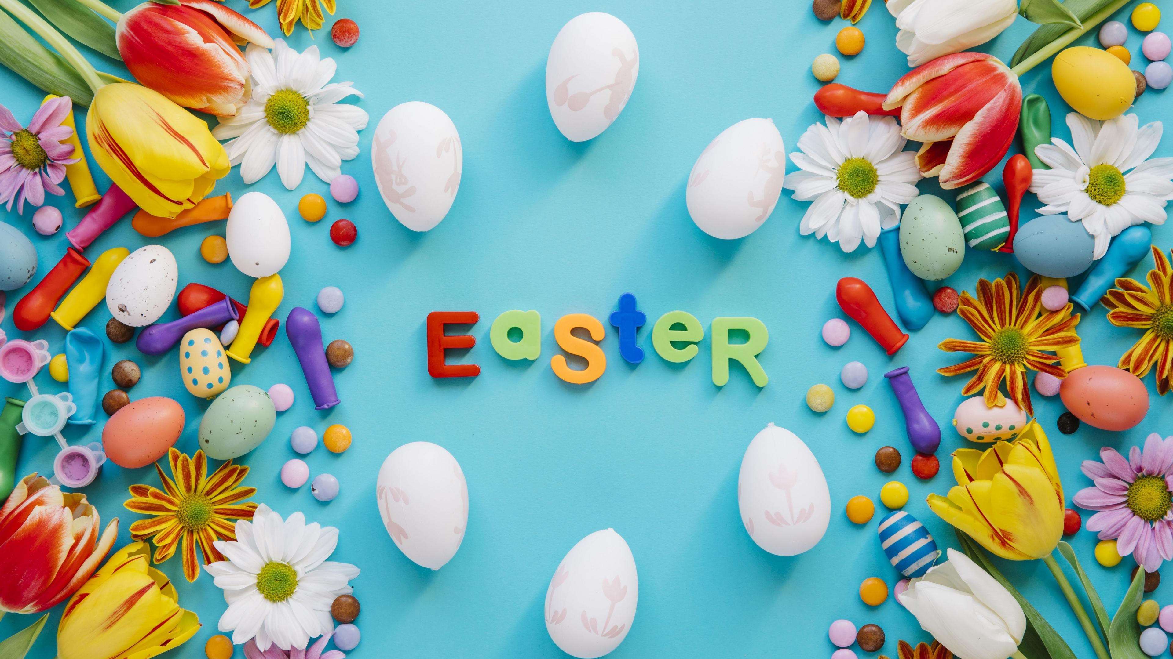 Wallpaper Flowers Eggs Colorful Easter 4k