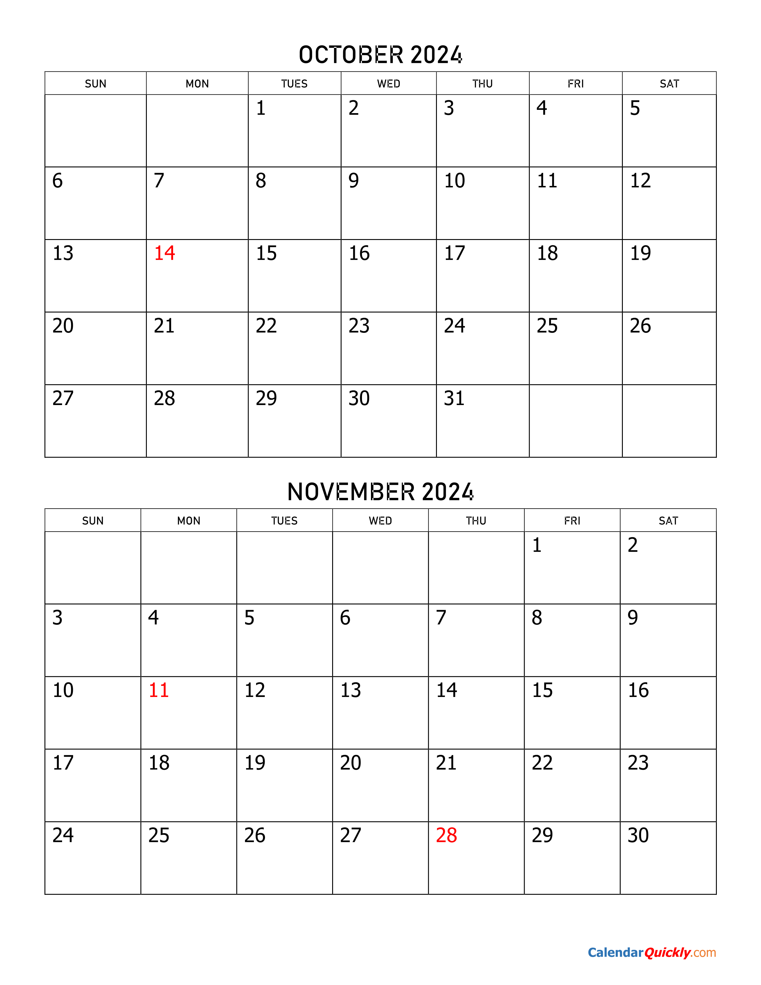 November 2024 calendar with highlighted dates 11th and 28th