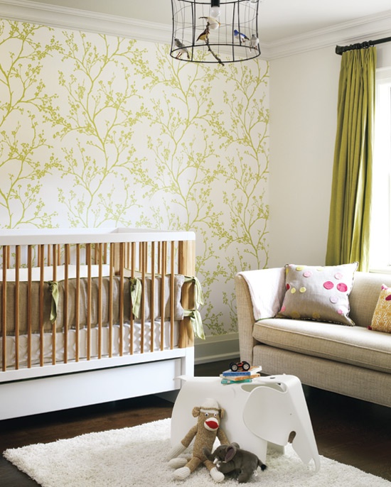 Modern Green Neutral Nursery Design With Wallpaper