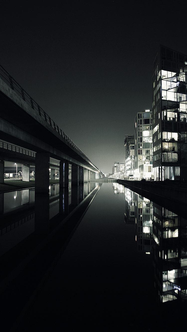 Dark City Beside Lake Landscape iPhone Wallpaper