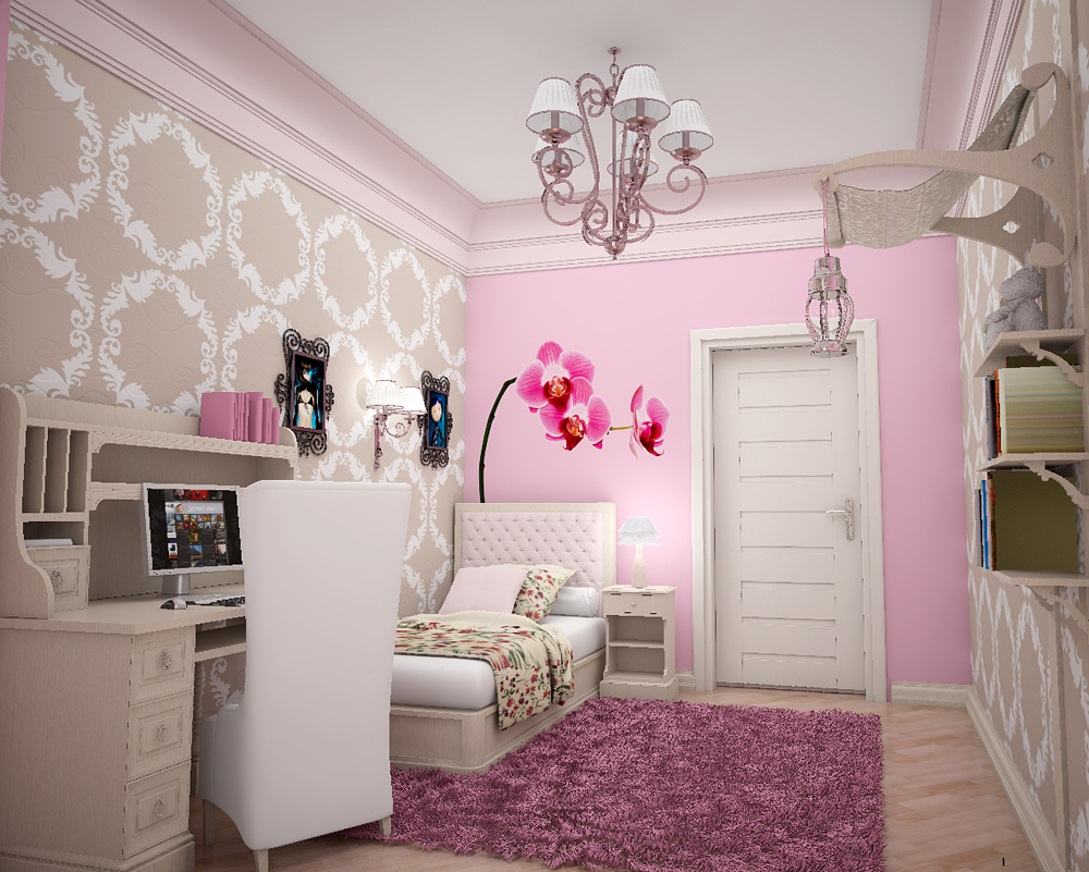 Pink Flower Wall Design For Girls Room