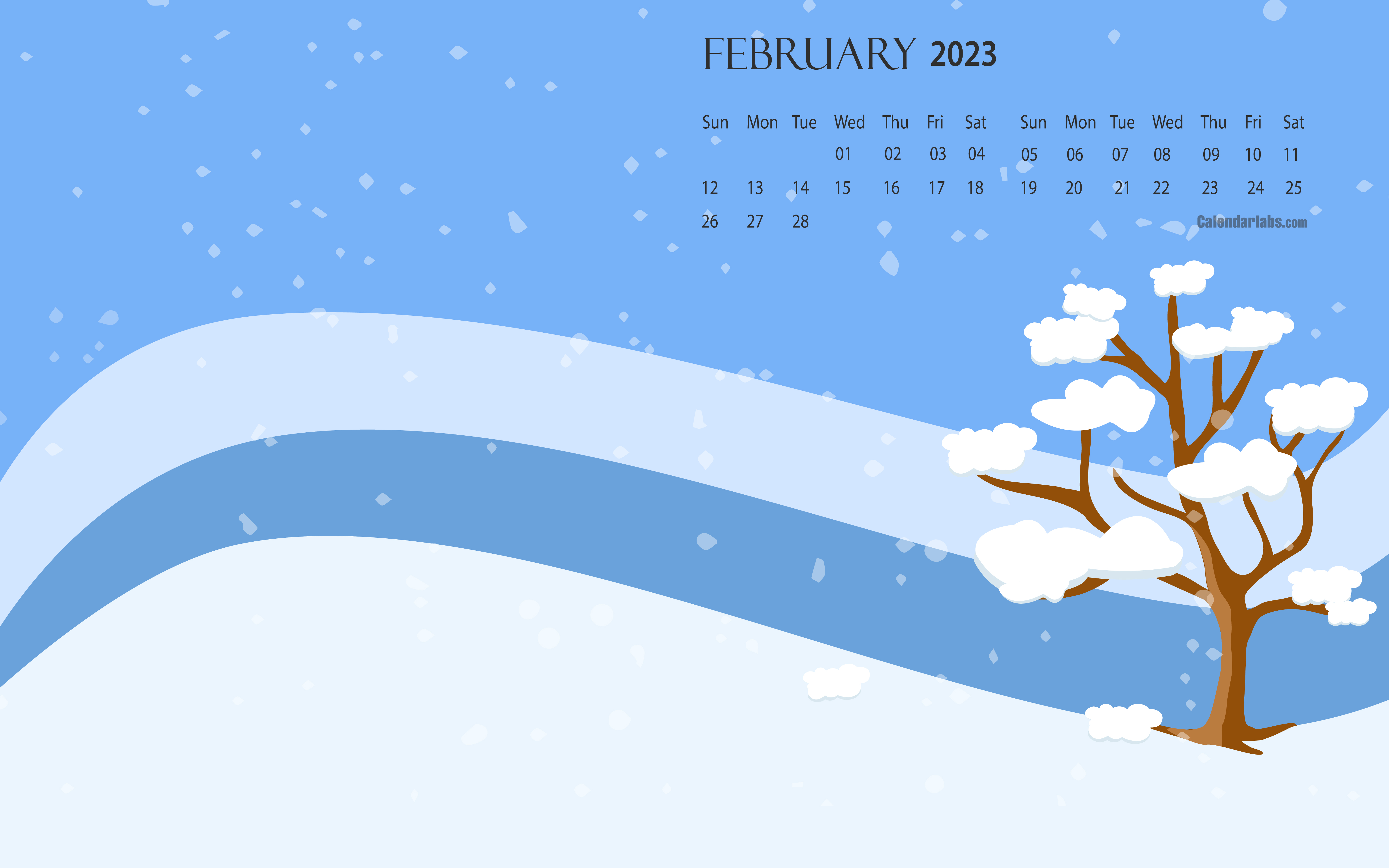 February 2023 calendar wallpaper with a snowy winter scene and a snow-covered tree
