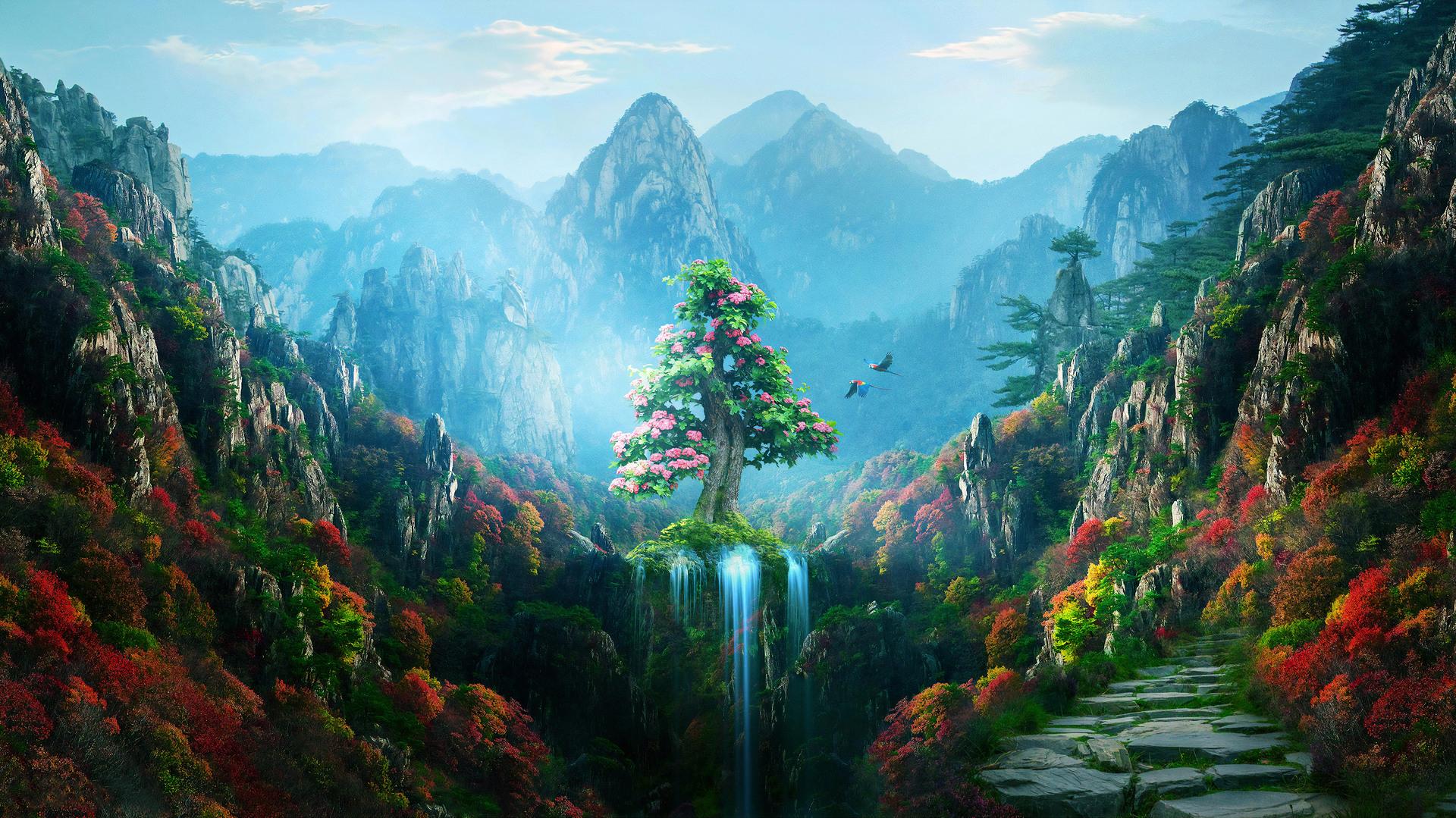 Colorful Forest Nature Fantasy Spring Autumn Digital Art 4k