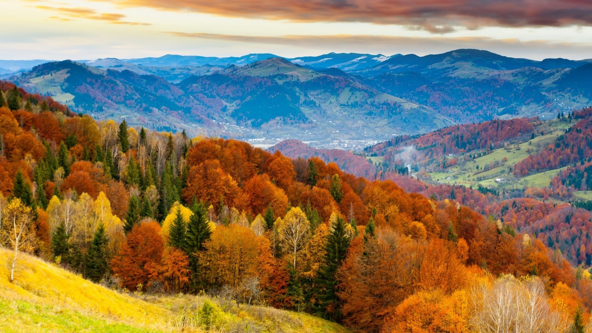 Nature Landscape Trees Forest Hill Mountain Sky Clouds Colorful Fall Leaves Valley Wallpaper