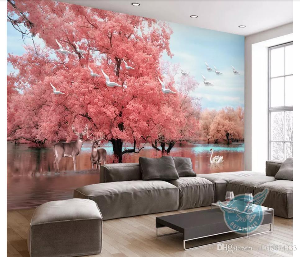 Wholesale Customized Photo Wall Mural Wallpaper Fantasy Pink Tree