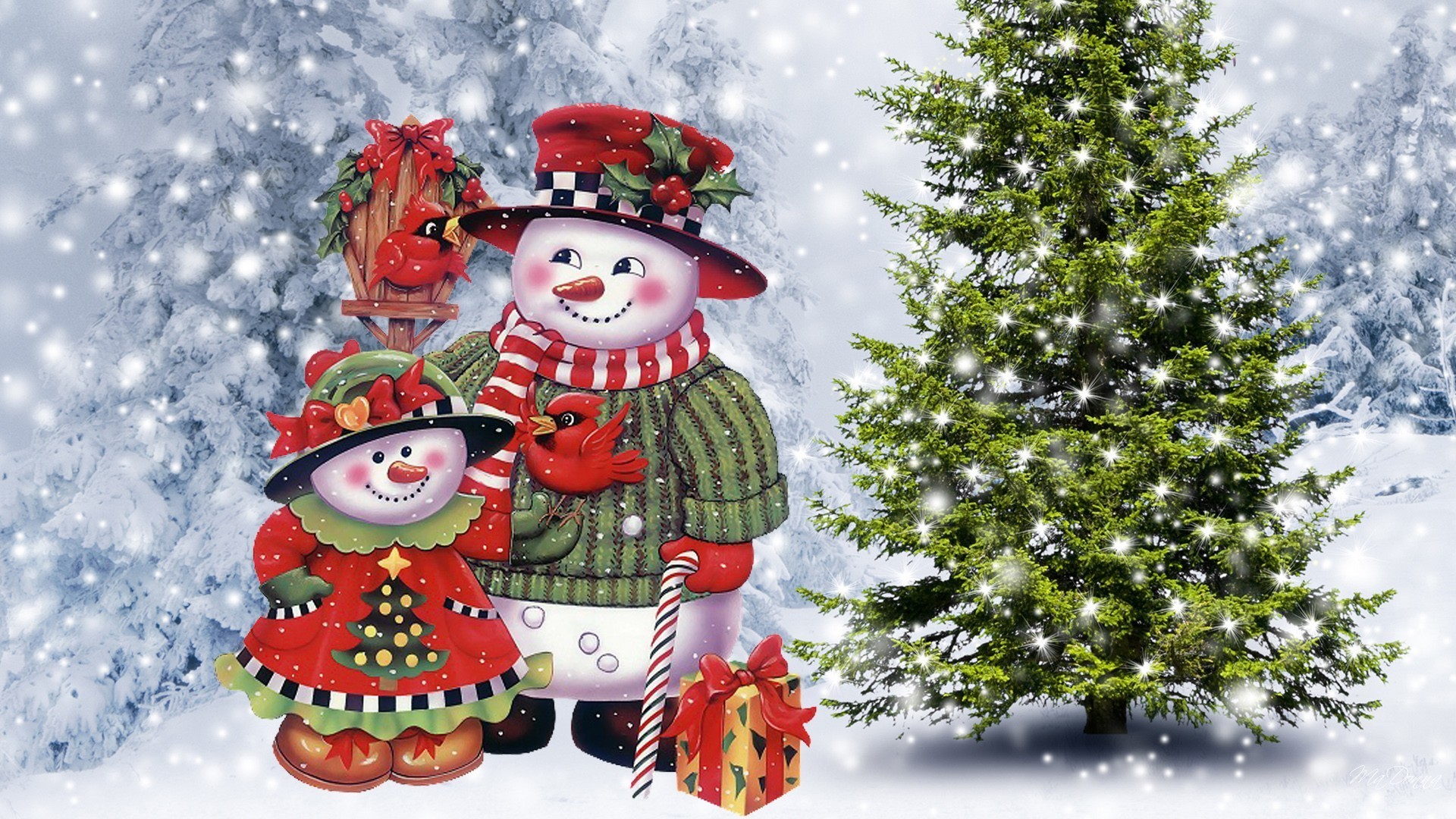 Whimsical snowmen couple in a snowy Christmas scene