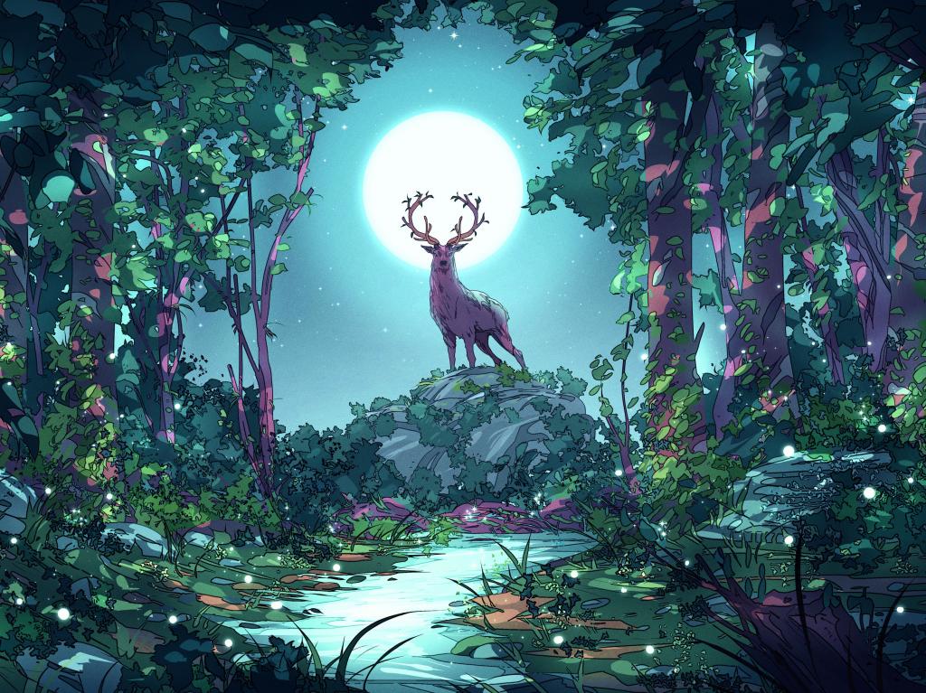 Wallpaper Deer At Forest Moon Night Art Desktop HD