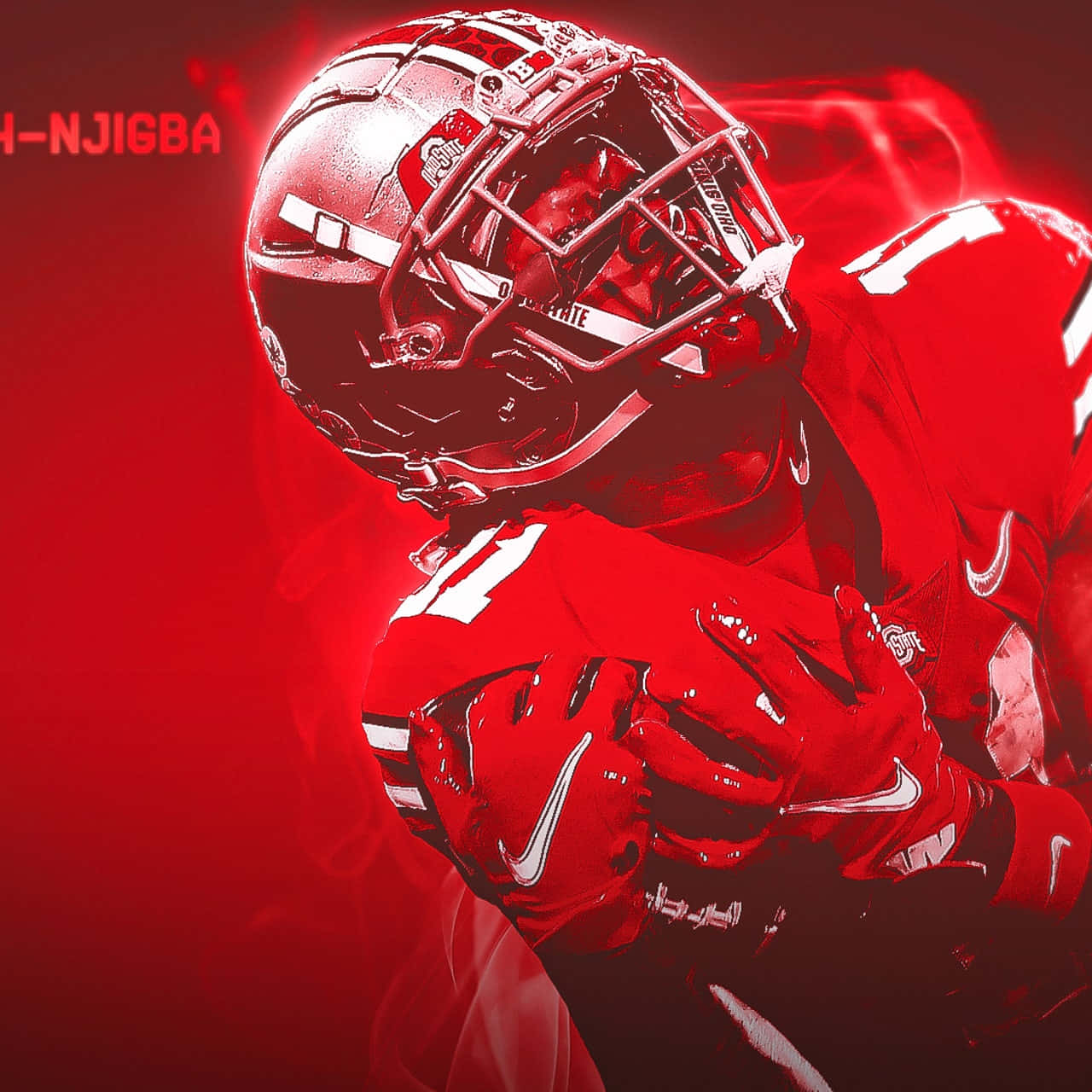 A football player in a red uniform, possibly from Ohio State, is captured in a dynamic pose, potentially after making a play. The intense red filter adds drama to the image