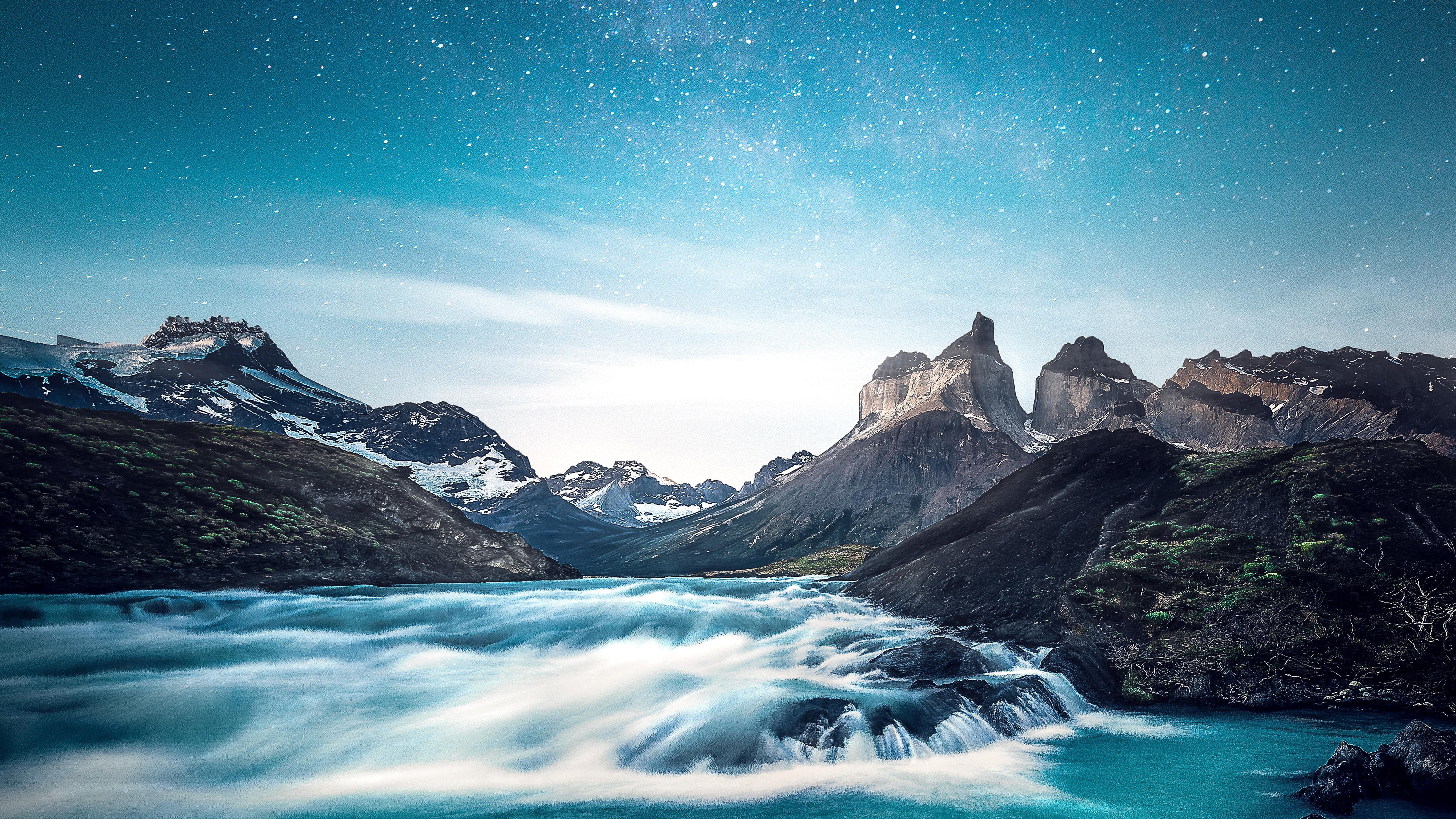 Mountains With River And Stars Wallpaper 8k Ultra HD Id