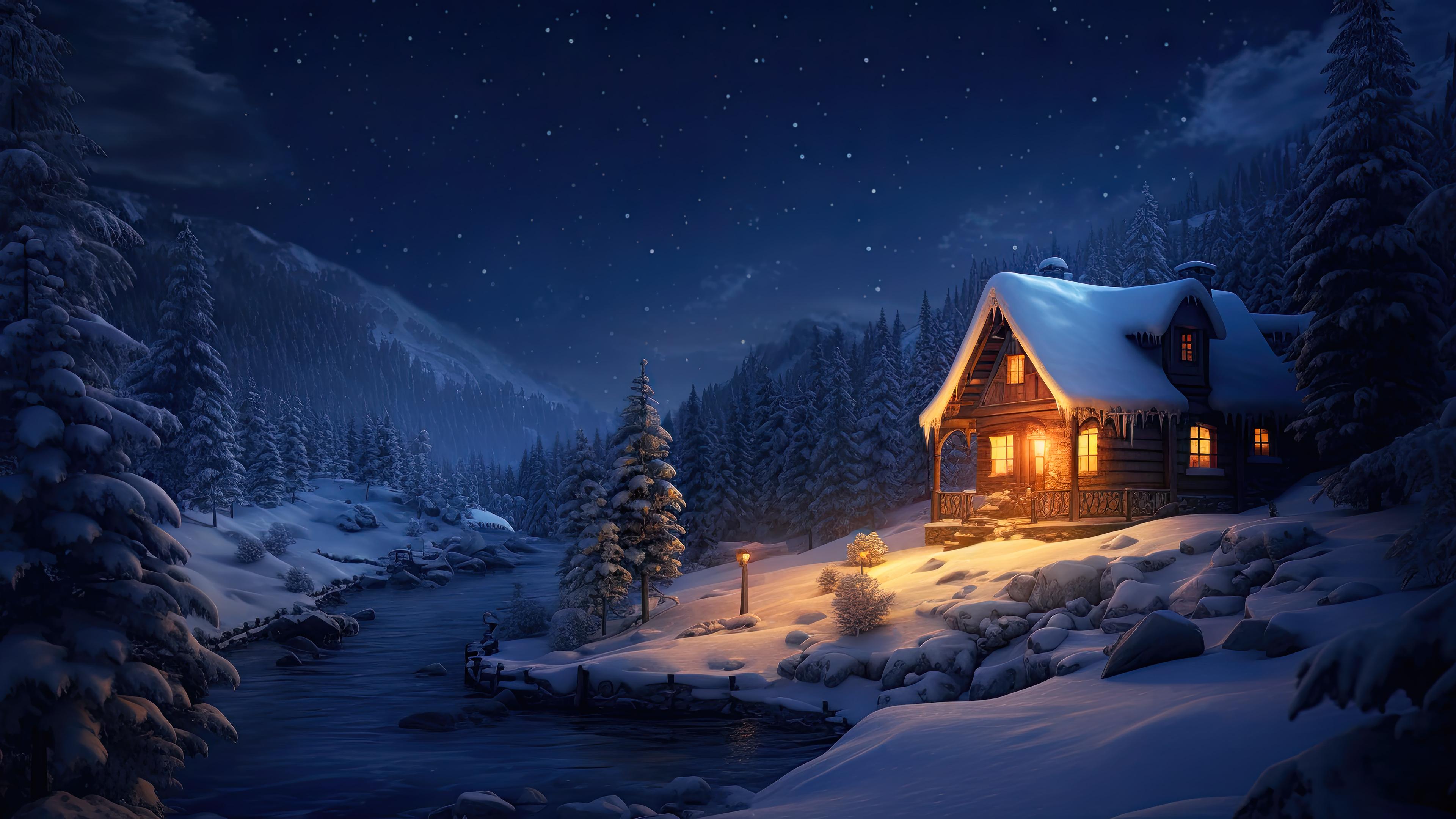 Winter Cabin Snow Forest Night Scenery 4k Wallpaper iPhone HD