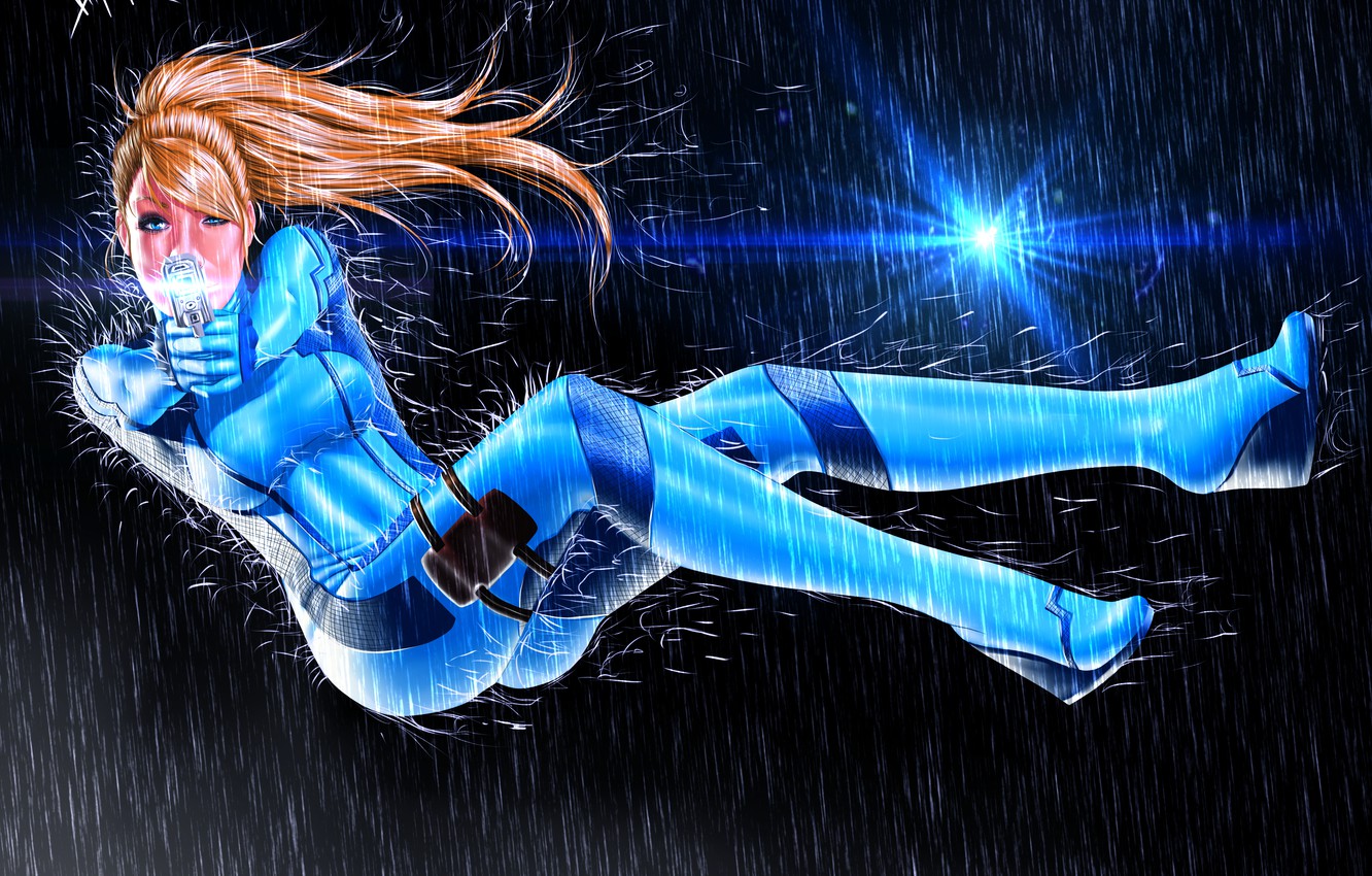 Wallpaper Girl Weapons Rain Art Costume Samus Aran Metroid