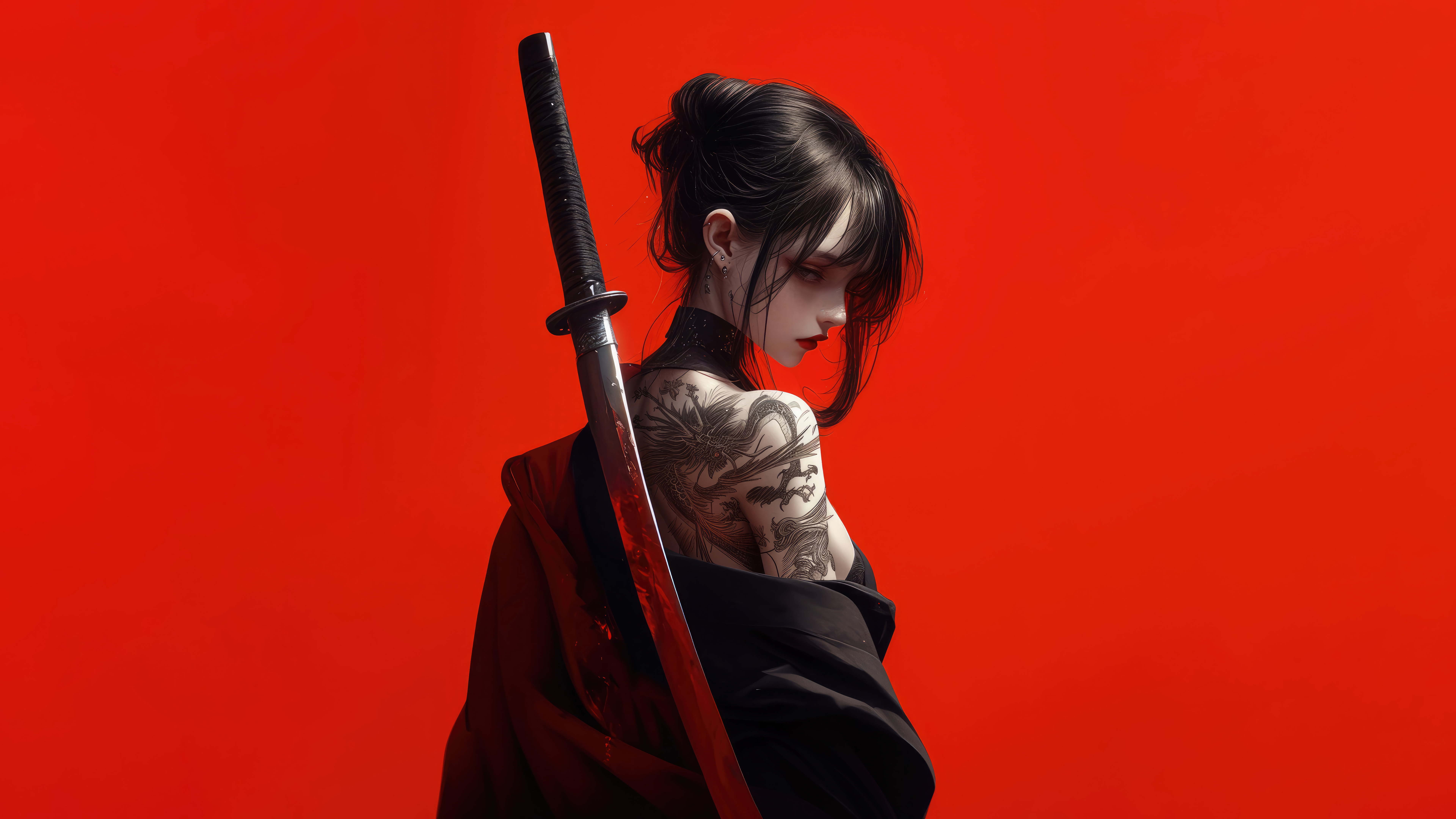 Anime Girl Katana Tattoo 4k 8k Wallpaper