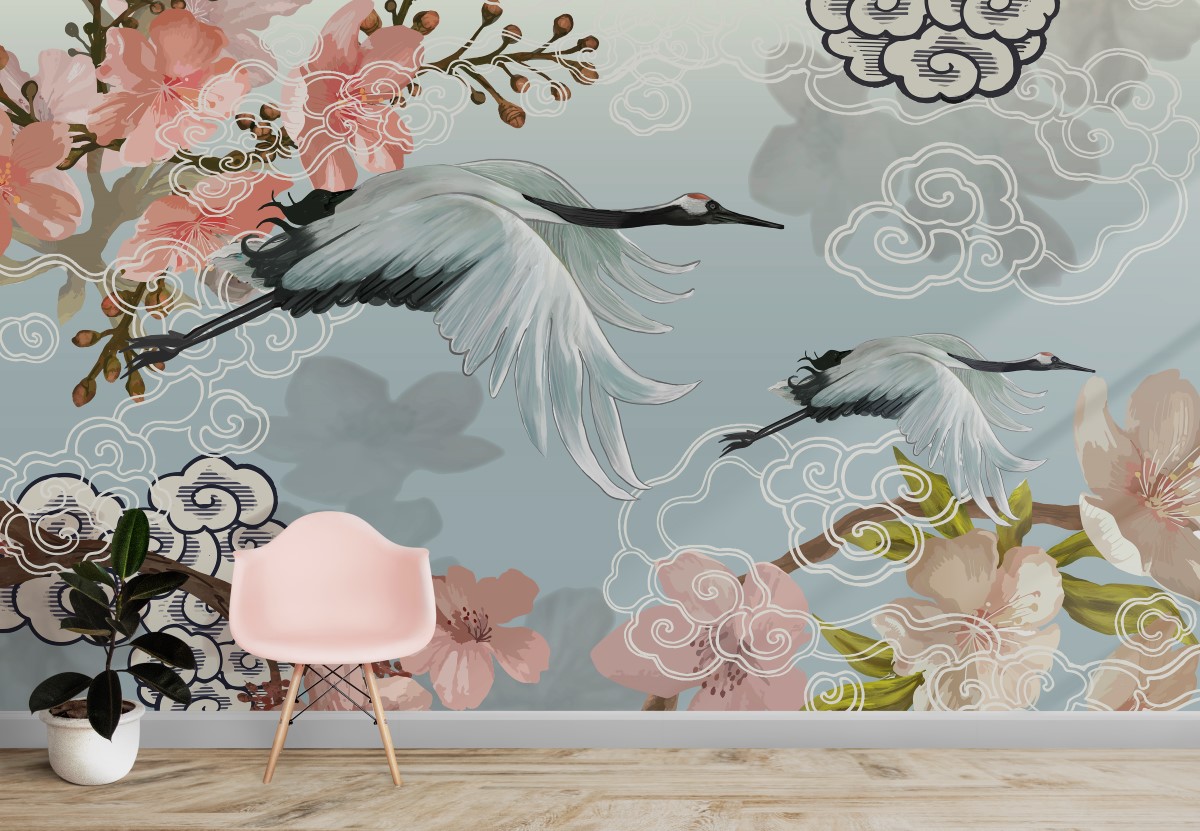 Watercolor Flowers Tree Crane Birds Wallpaper