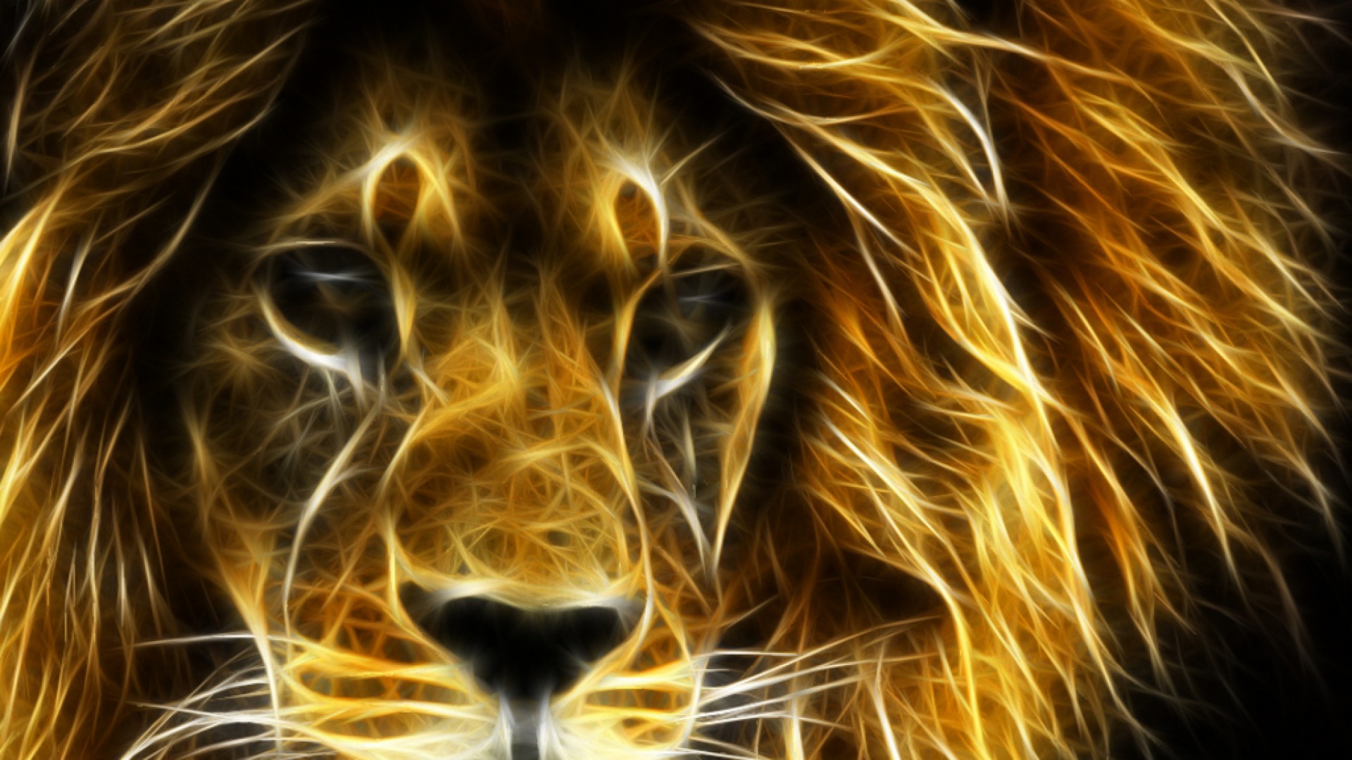 A majestic lion's face, rendered with a golden, fractal art style, creating an ethereal and powerful image