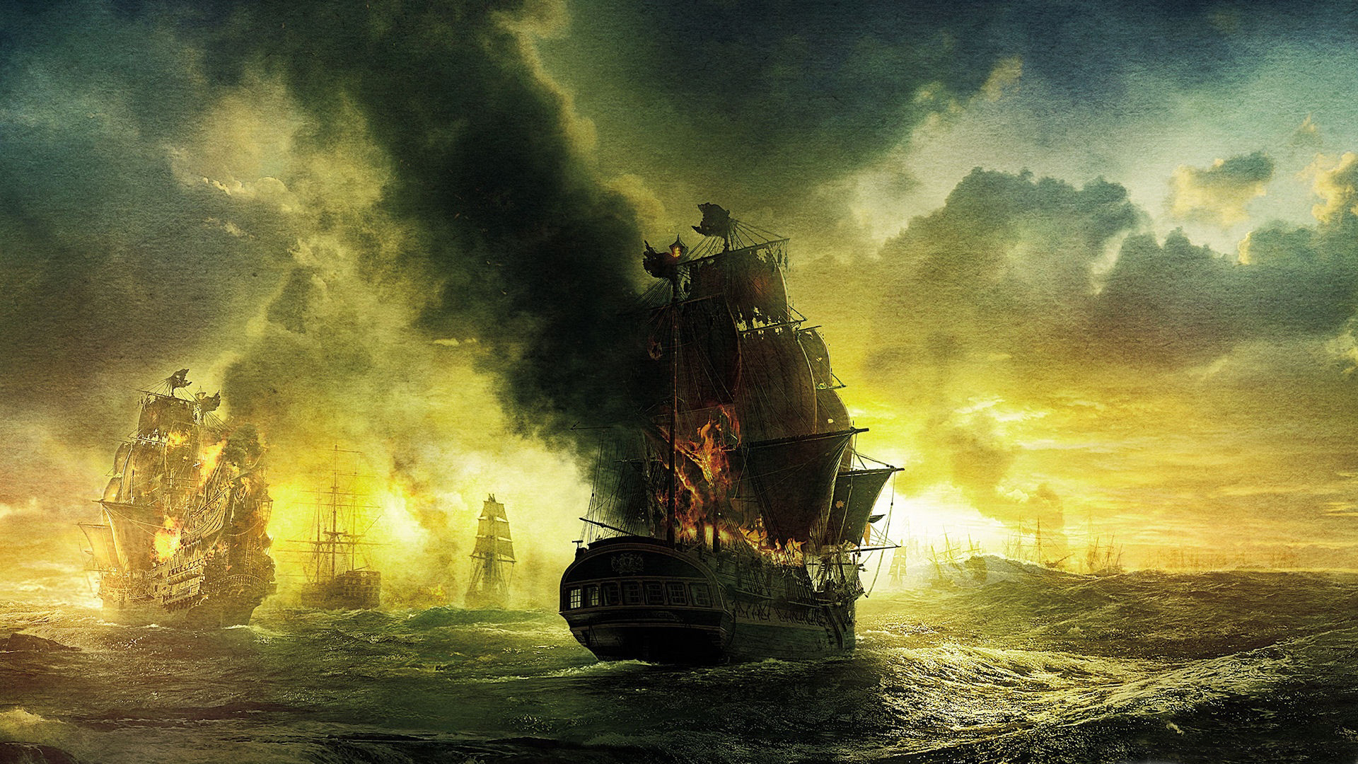 Art Ocean Sea Ships Galleon Fire War Battles Wallpaper Background