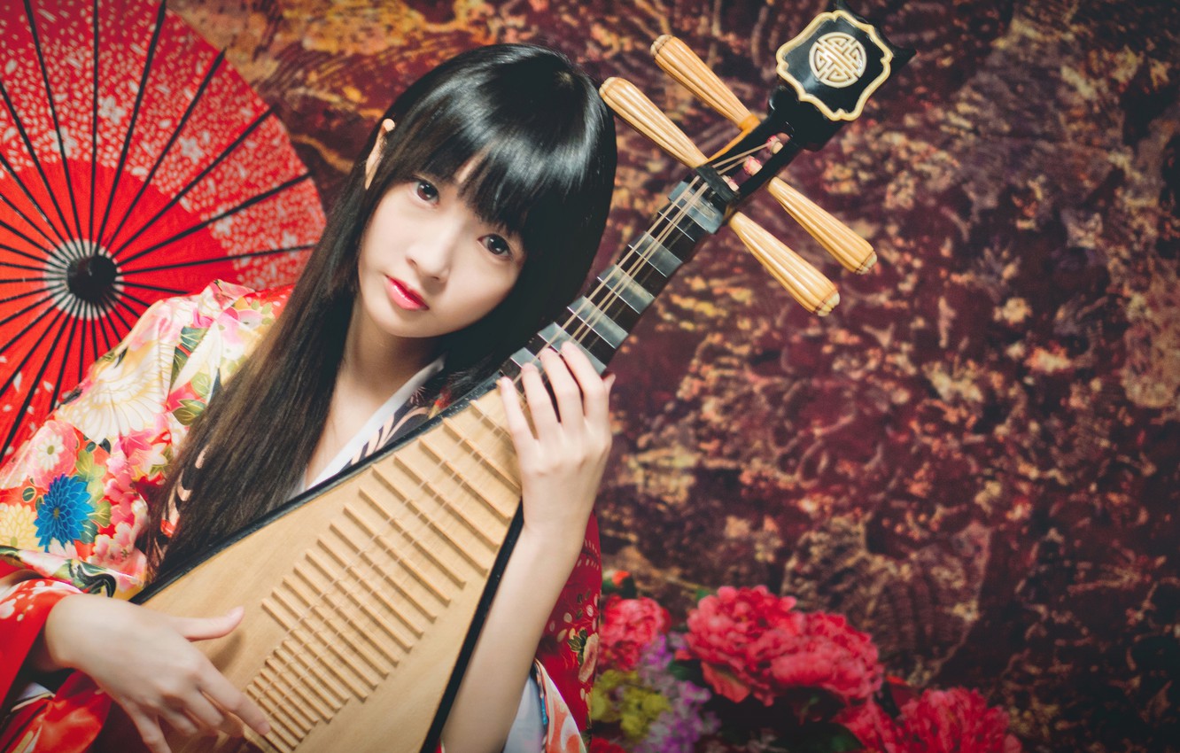Wallpaper Look Girl Umbrella Asian Musical Instrument Lute