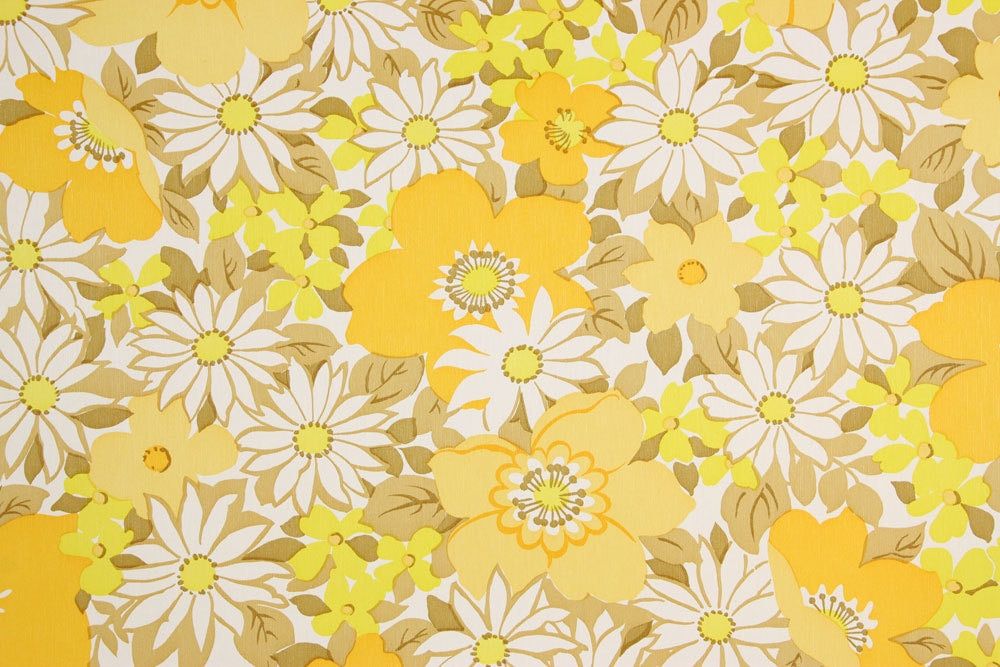 1970s Vintage Wallpaper Retro Yellow And White Flowers