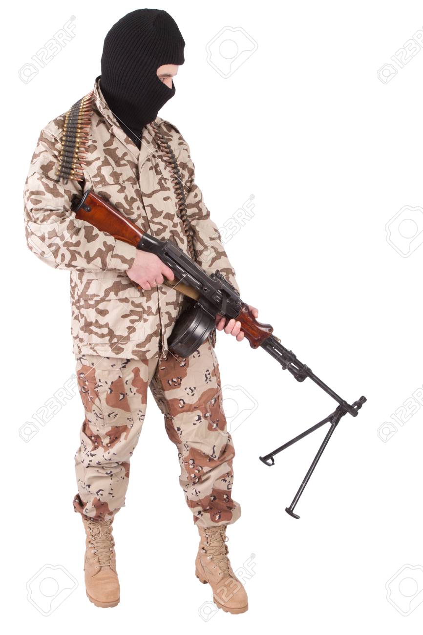 Mercenary With RPD Gun Isolated On White Background Stock Photo