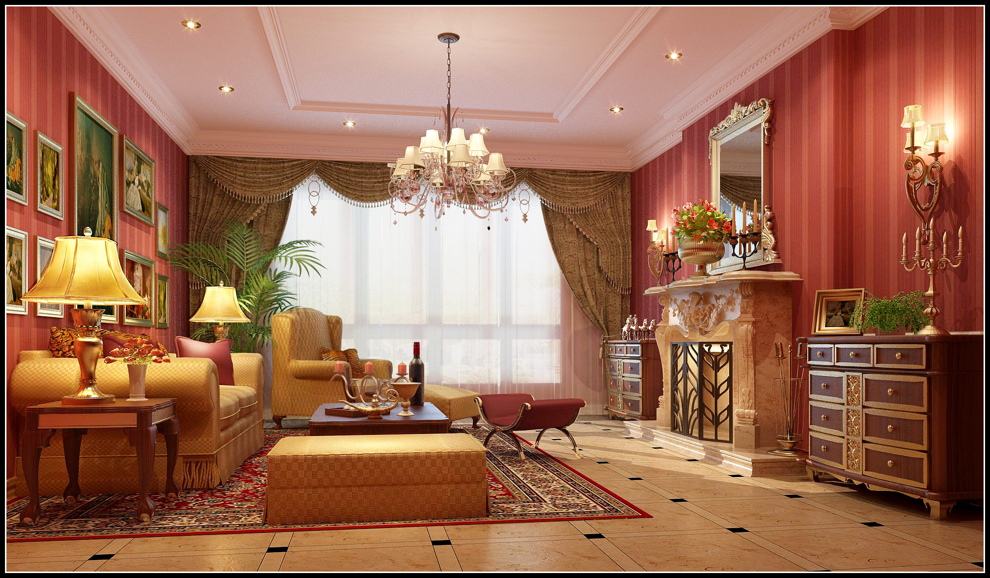Cozy Living Room With Red Wallpapers 3D Model max   CGTradercom