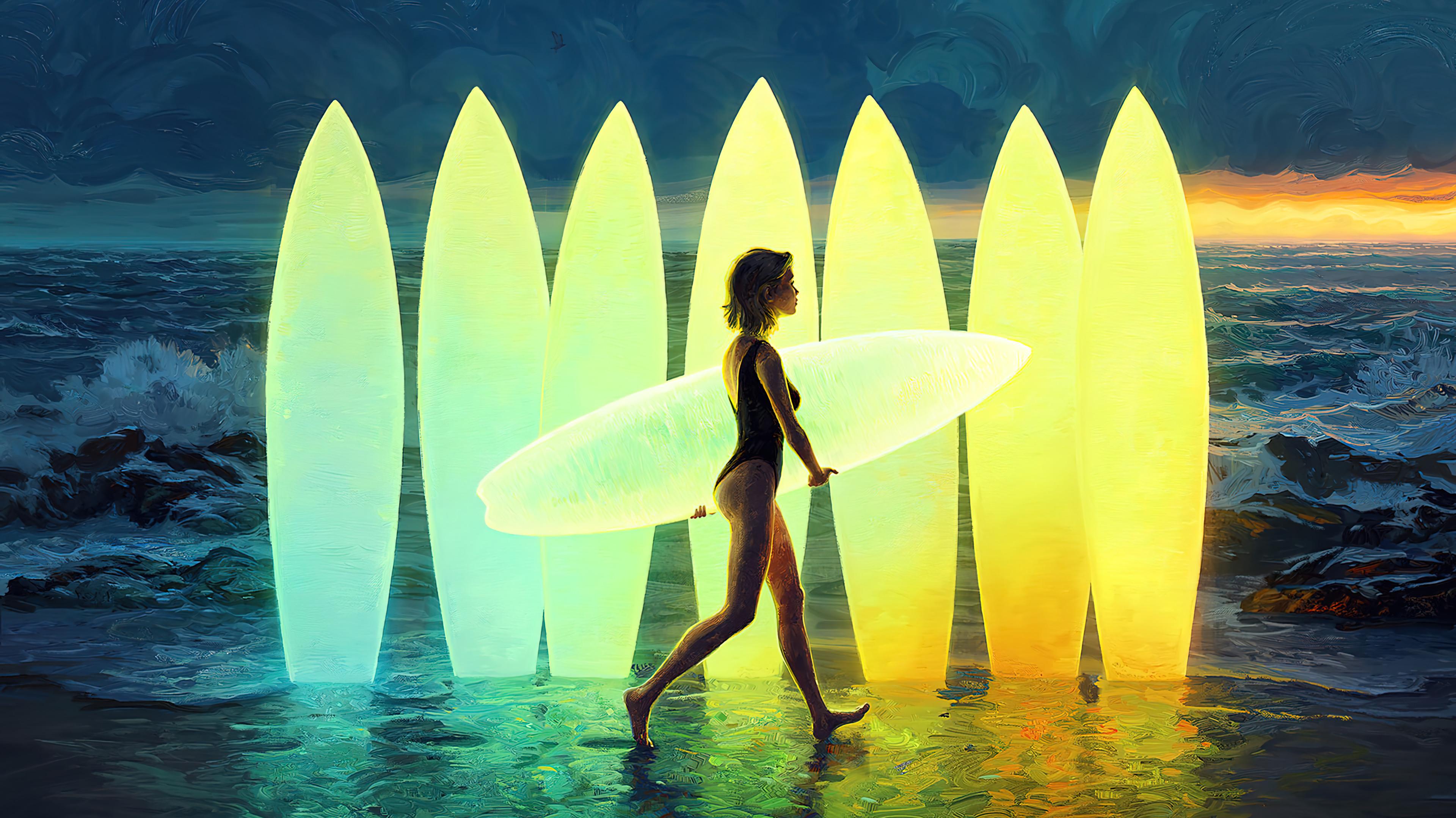 Surfer Girl Beach Art 4k Wallpaper iPhone HD Phone 2410f