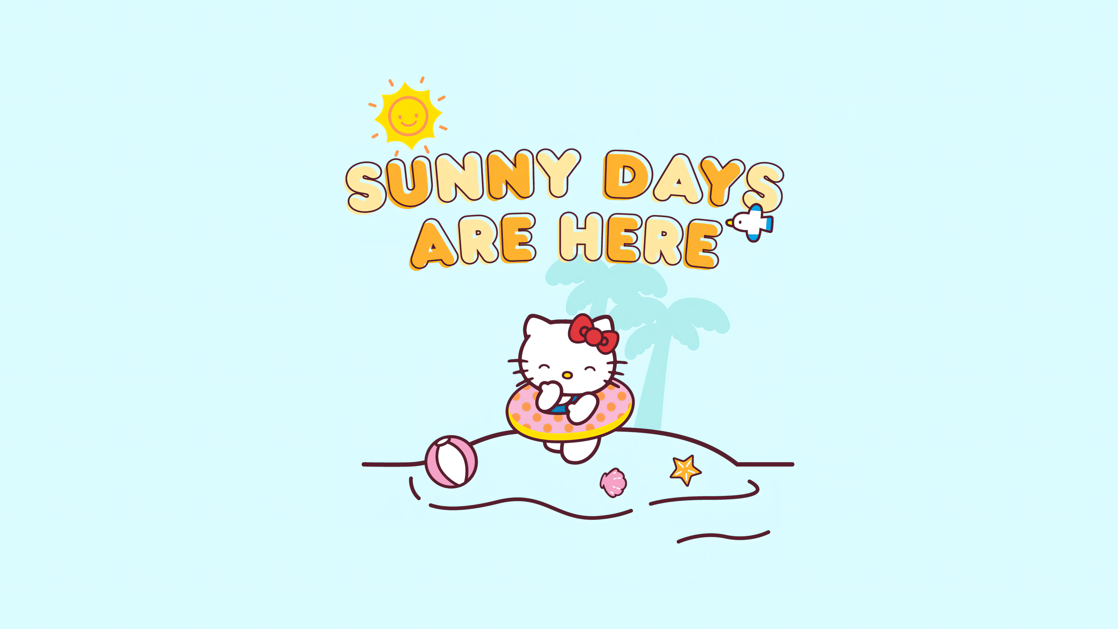 Hello Kitty enjoys a sunny day at the beach, floating on a donut-shaped inflatable ring in the ocean