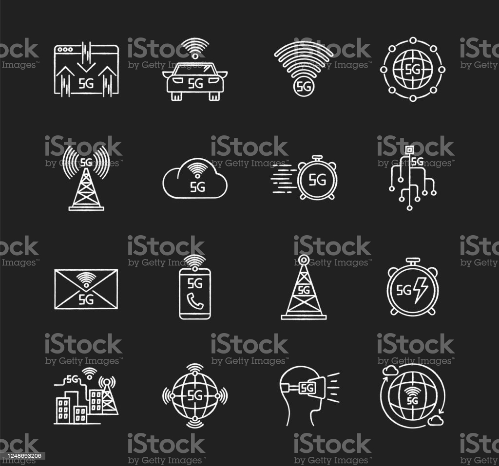 5g Technology Chalk White Icons Set On Black Background Mobile