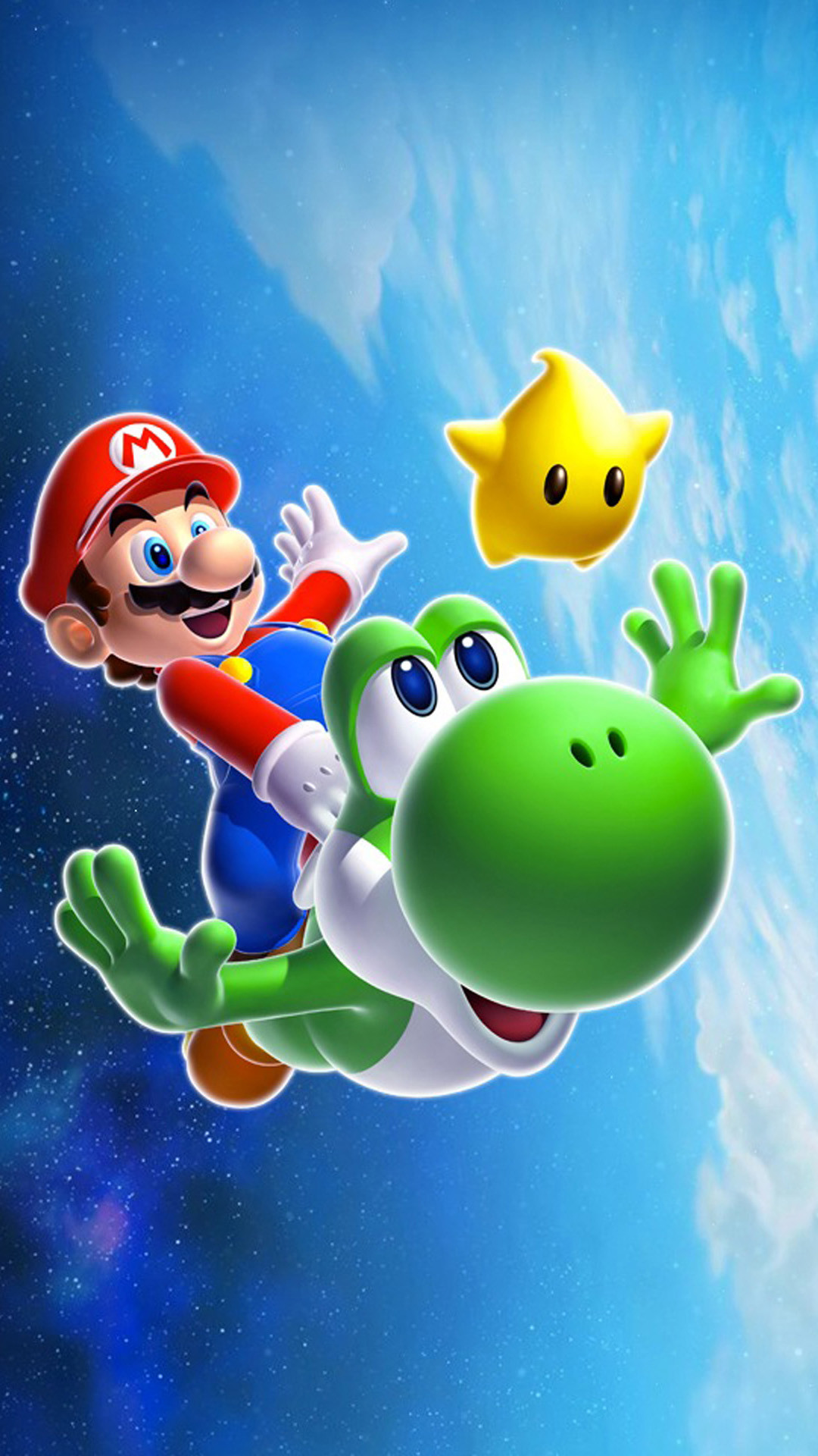 Super Mario riding Yoshi in space with a Power Star