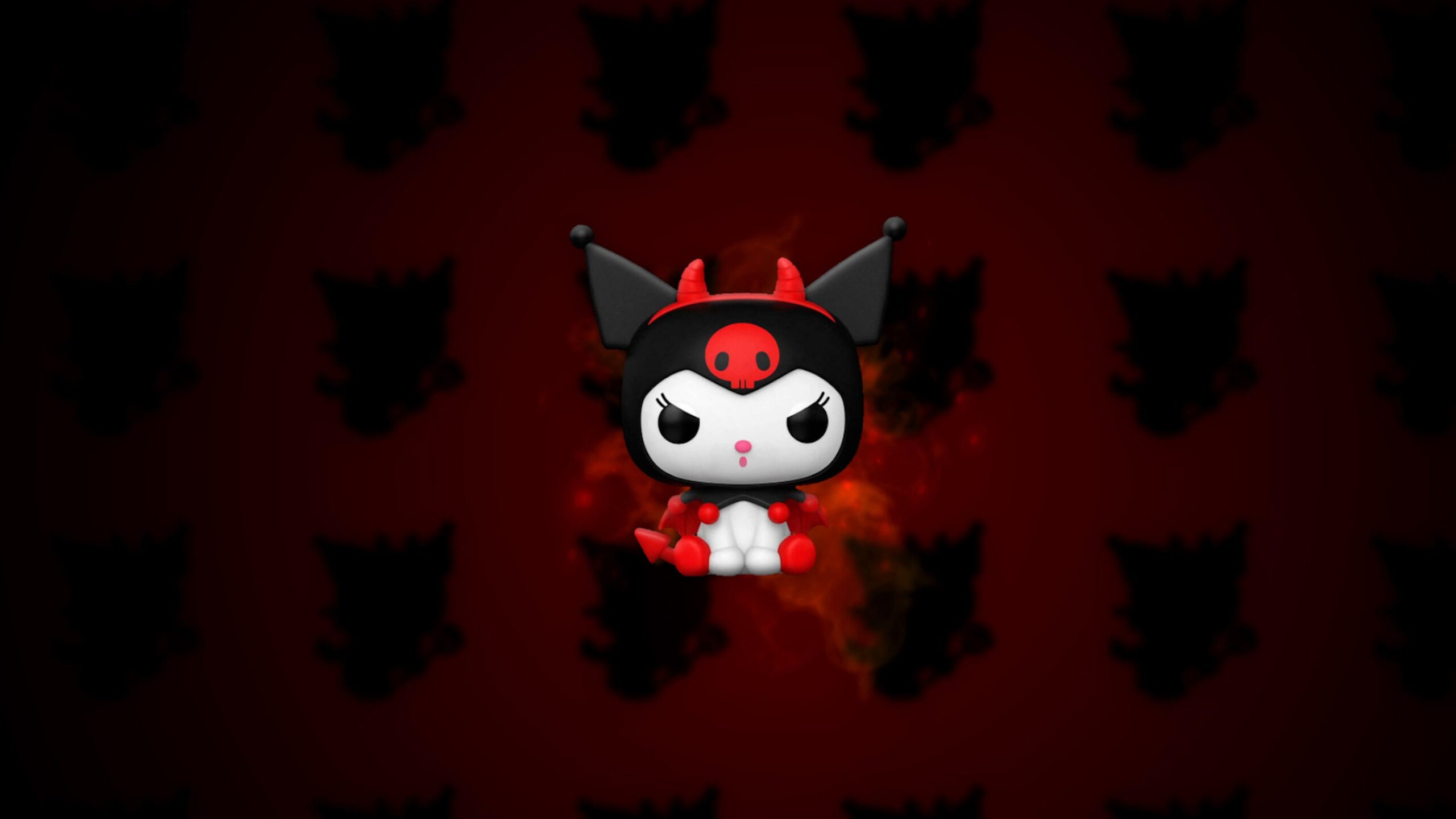 Kuromi in Devil Outfit on Dark Red Background with Kuromi Silhouettes