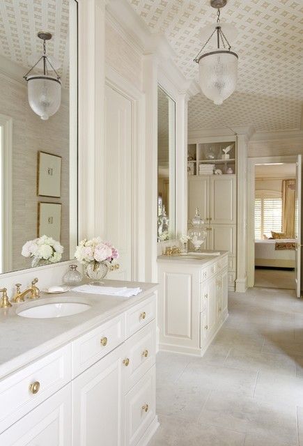 Elegant Bathroom With Wallpapered Ceiling