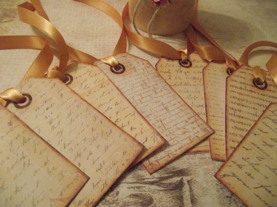 Distress French Writing Background Gift Tags Gold Tie Ribbon Old Worl