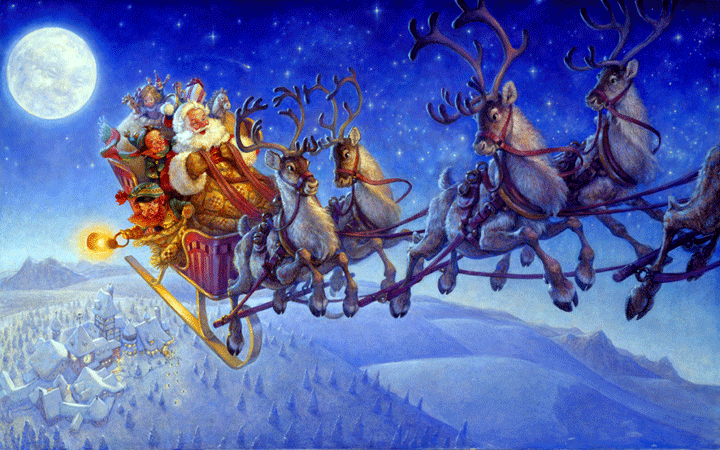 Santa Claus Riding His Sleigh Reindeer With Friends Gifts In Sky