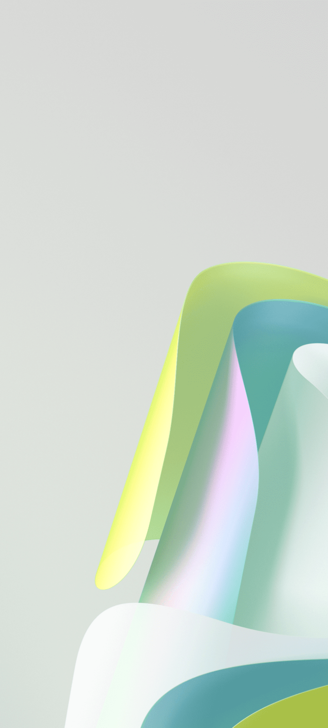 Abstract iPhone 14 Pro Max wallpaper with flowing, pastel green and blue shapes on a soft gray background