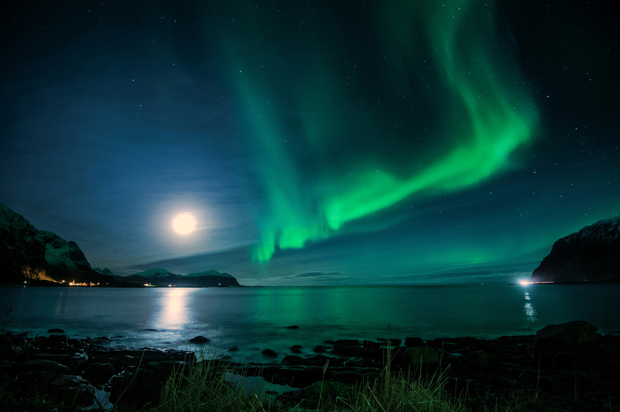 Wallpaper Iceland Bay Night Moon Northern Lights