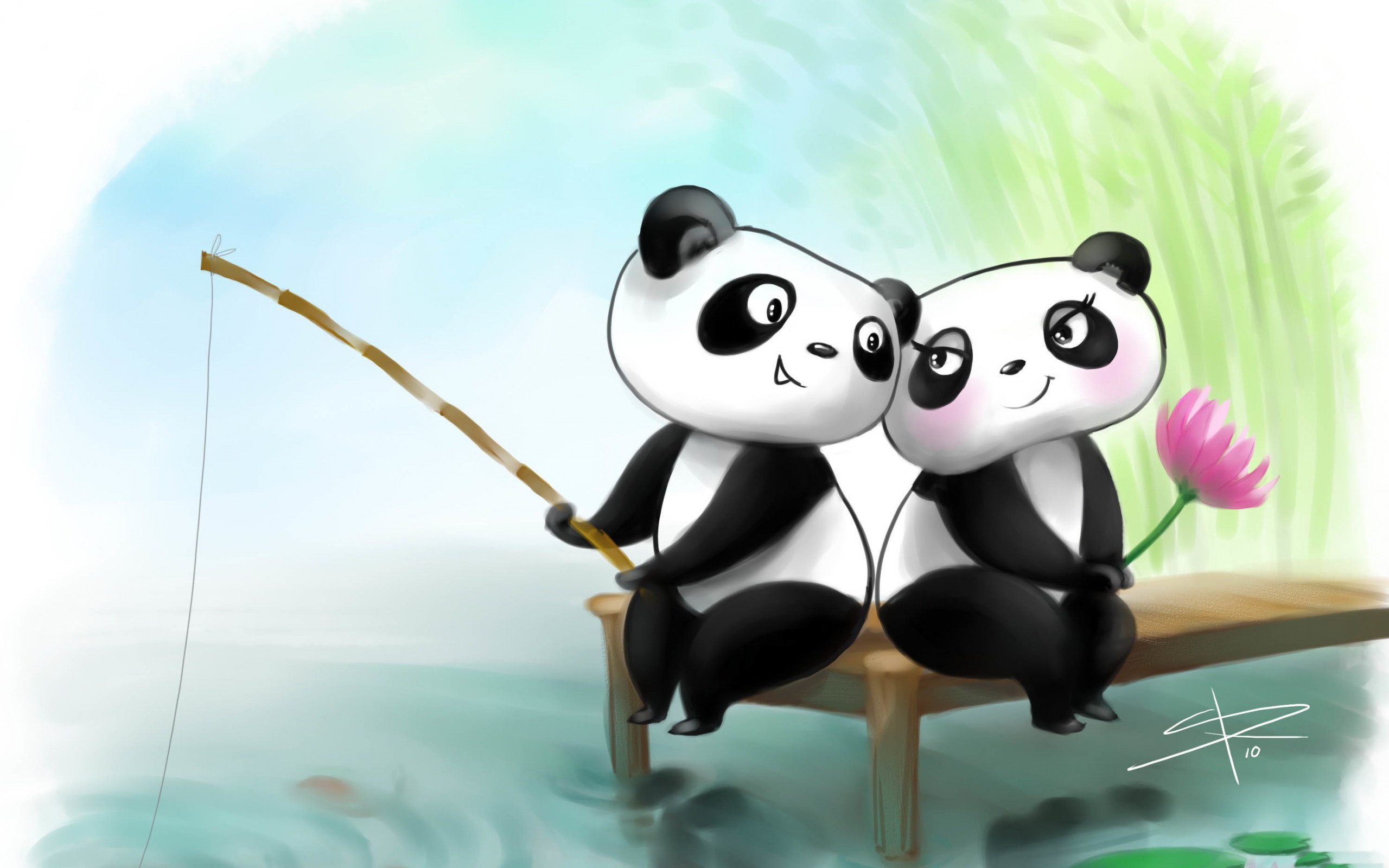Animated Fishing Pandas Couple Romantic HD Photo wallpaper