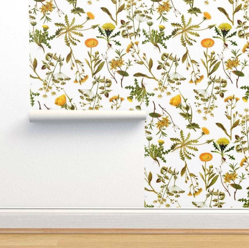 Botanical Wallpaper Yellow Vintage Wildflowers By Utart